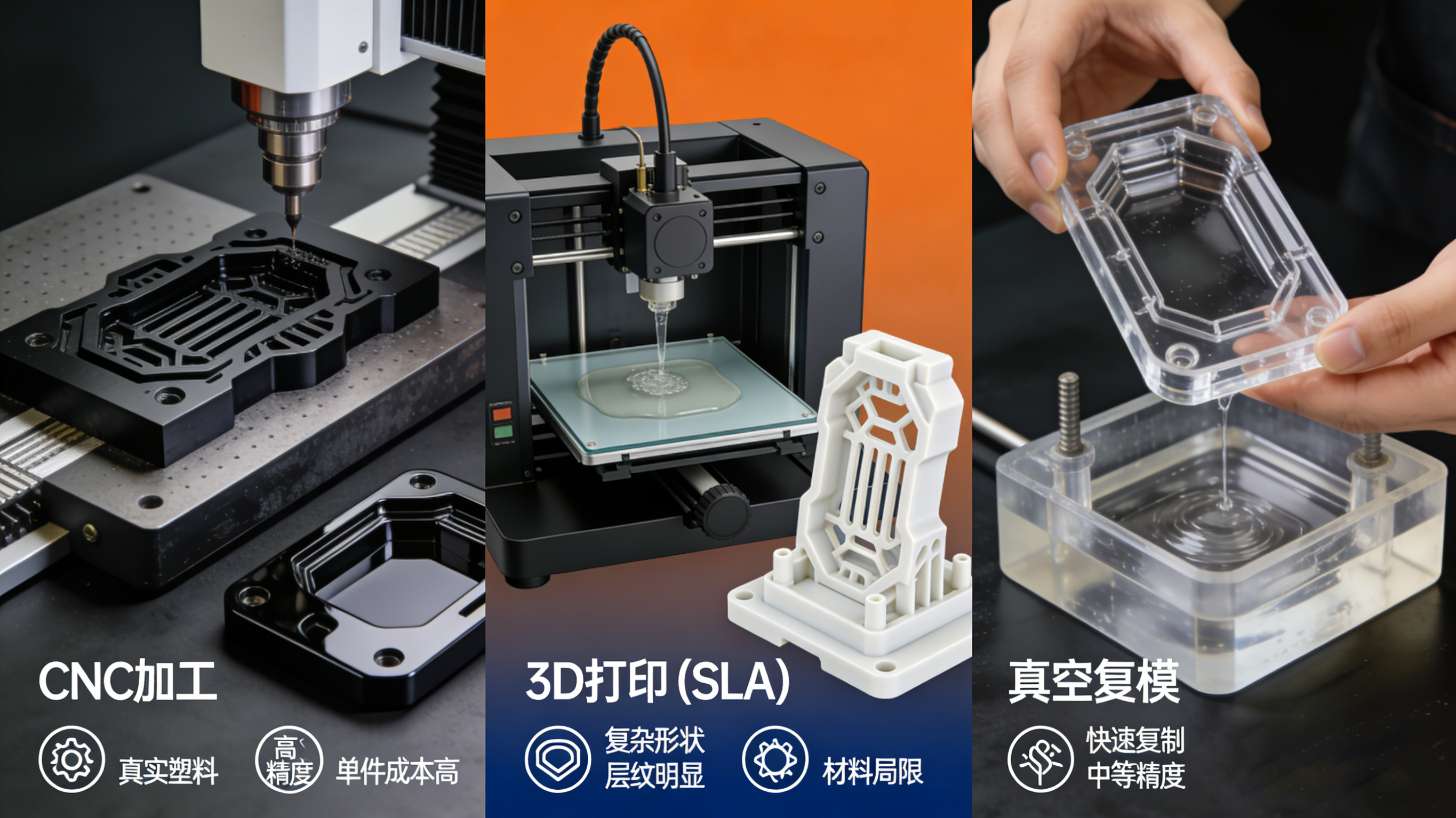 CNC加工、3D打印与真空复模三种塑料手板工艺对比图