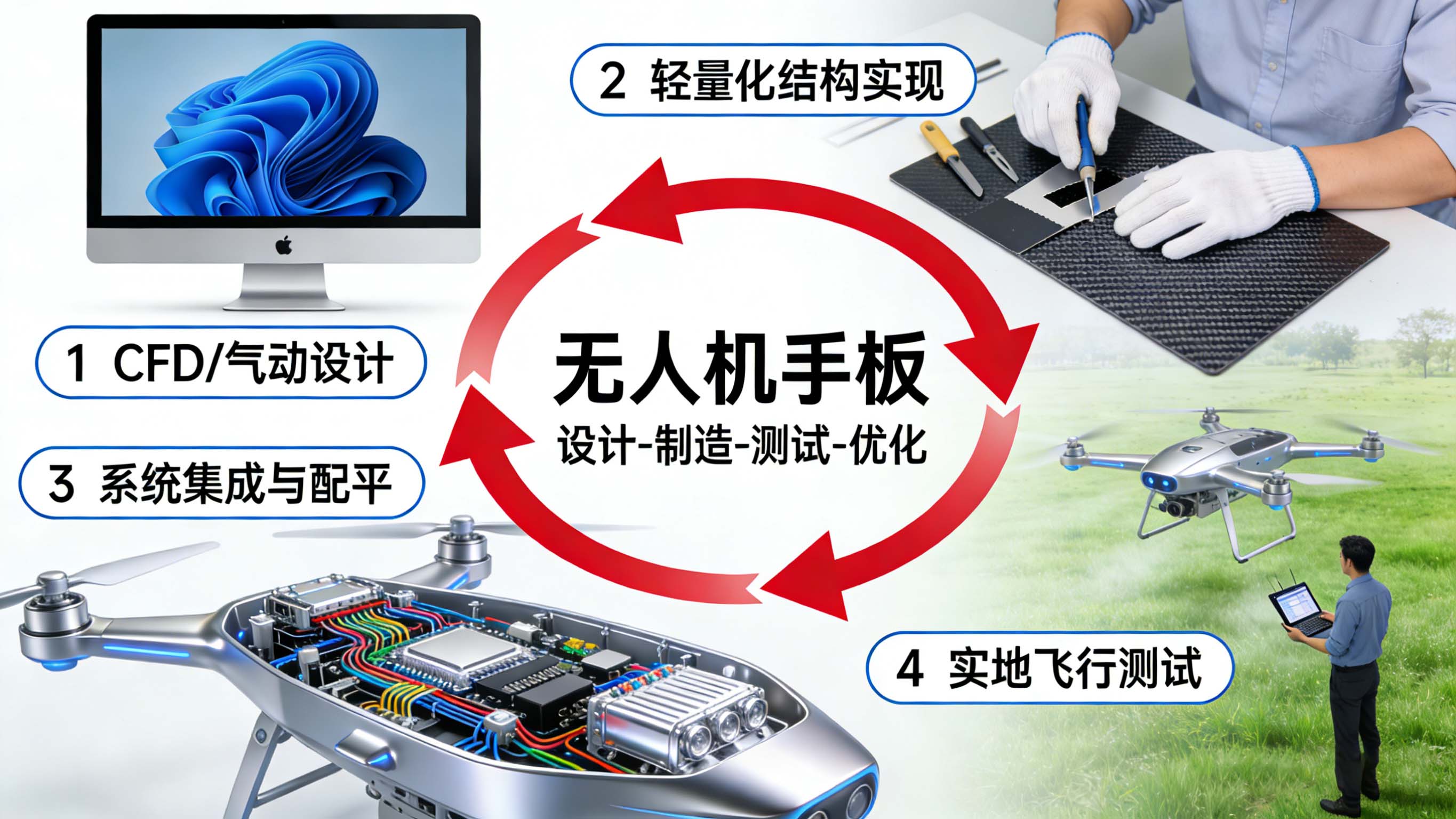 无人机手板从气动设计、制造、集成到飞行测试的闭环研发流程图