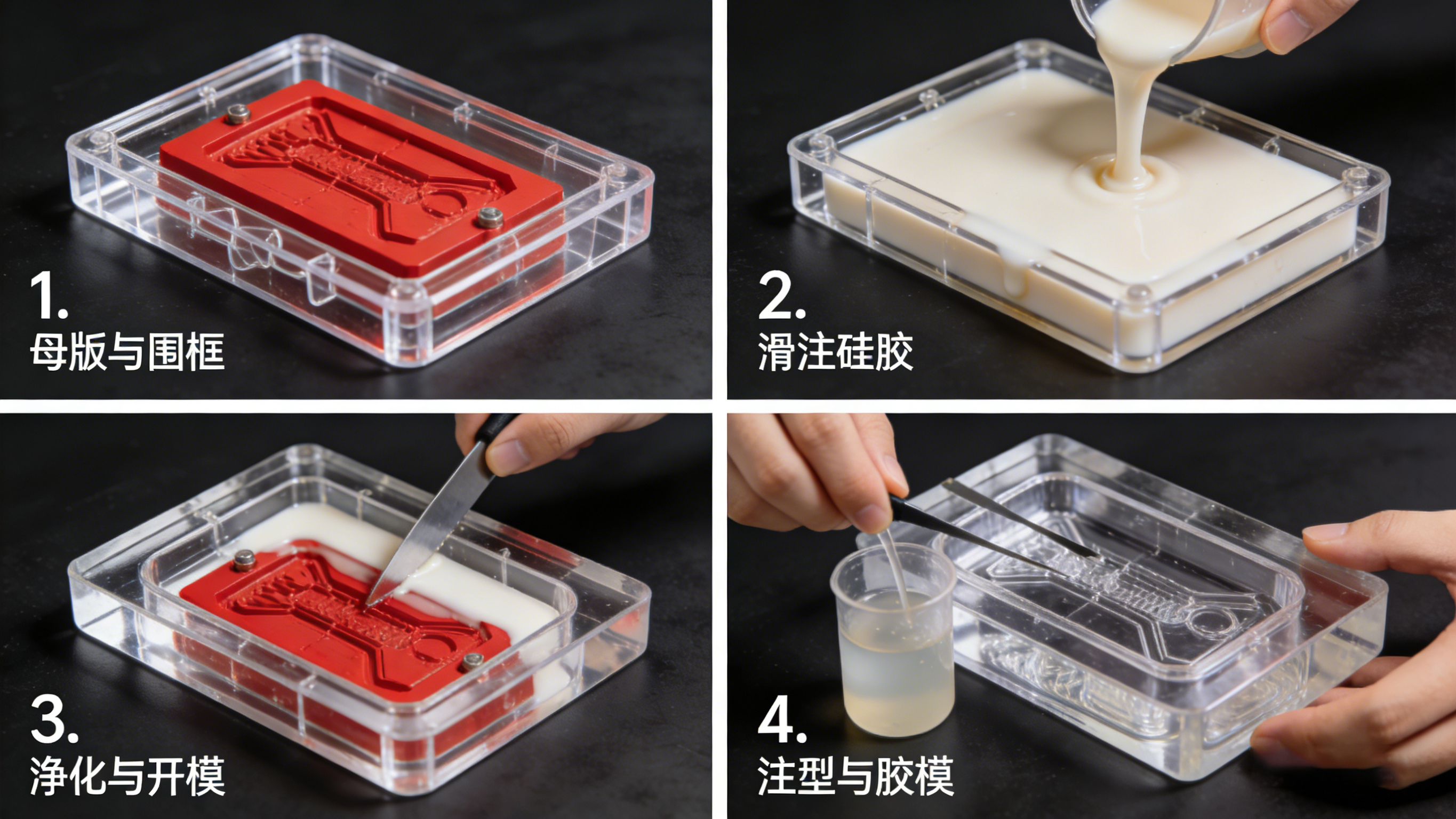 真空复模（手板复模）核心四步工艺流程分解示意图