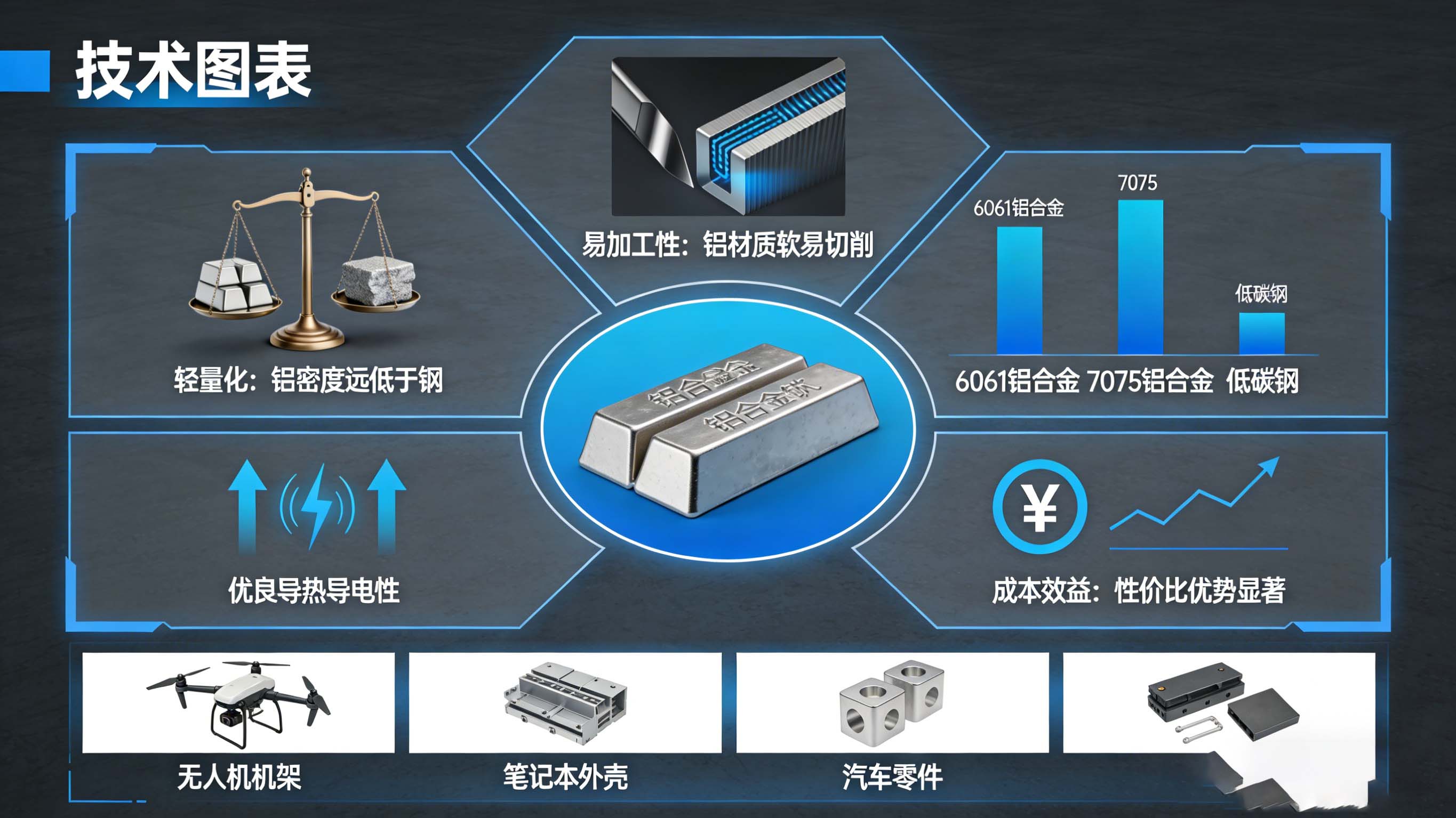 铝合金材料轻量化、易加工、高强度、良导热导电、成本效益五大核心优势信息图