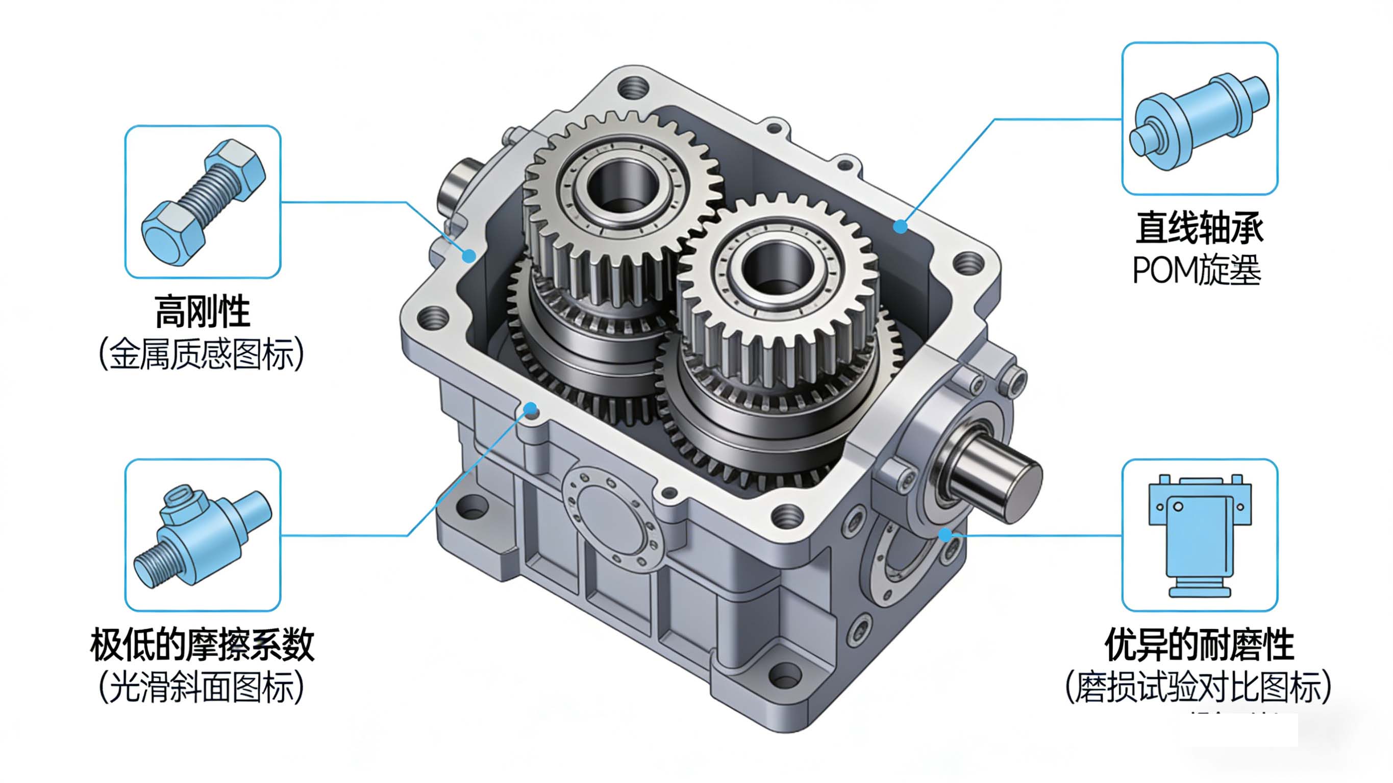 POM材料在齿轮、轴承、滑块等精密运动部件中的应用示意图