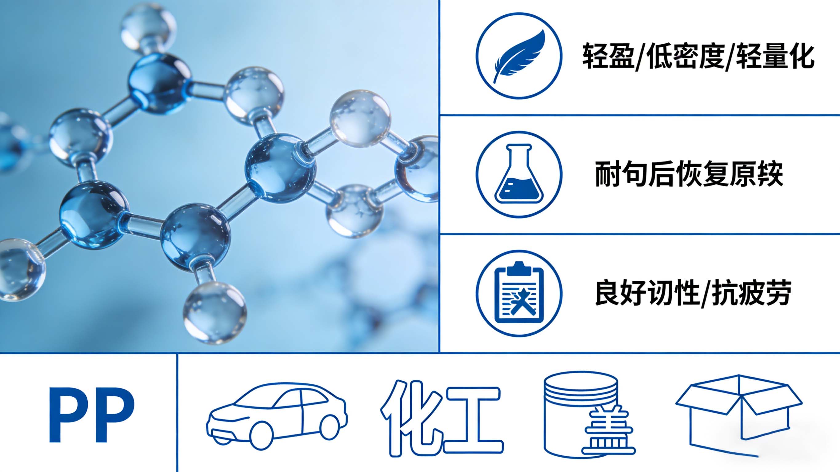 PP聚丙烯材料核心特性（轻量化、耐化学、韧性好）与应用示意图