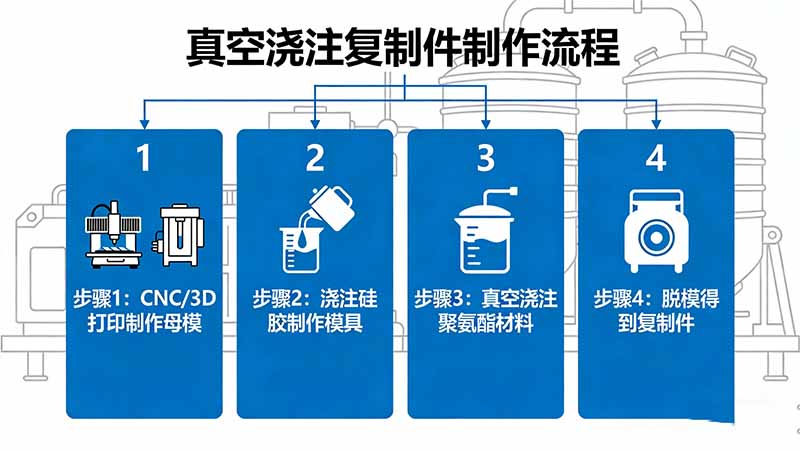 真空復(fù)模四步流程：母模制作→硅膠模具→真空澆注→脫模成品