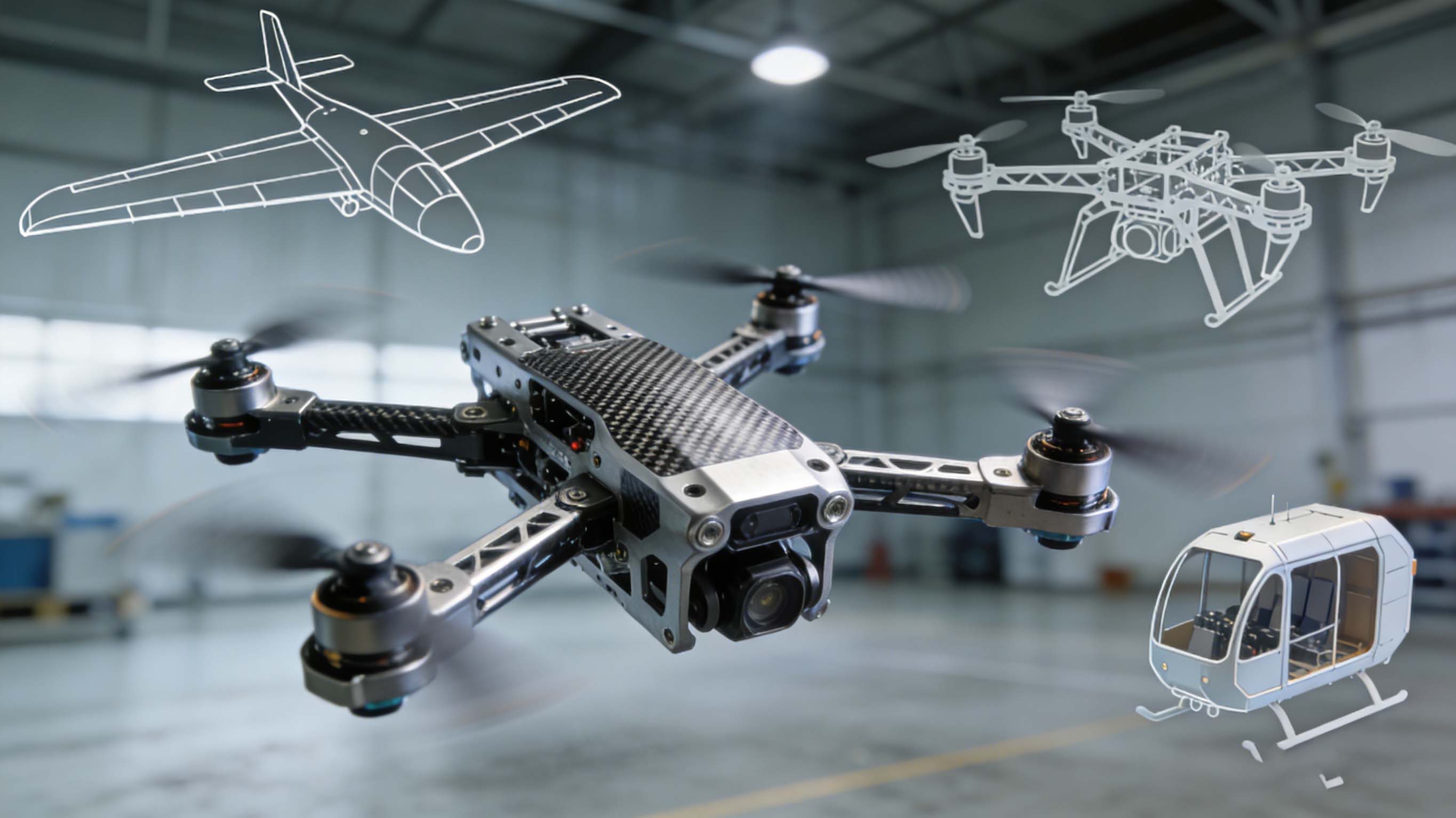 多旋翼无人机手板在测试场地飞行，背景有其他类型无人机手板轮廓