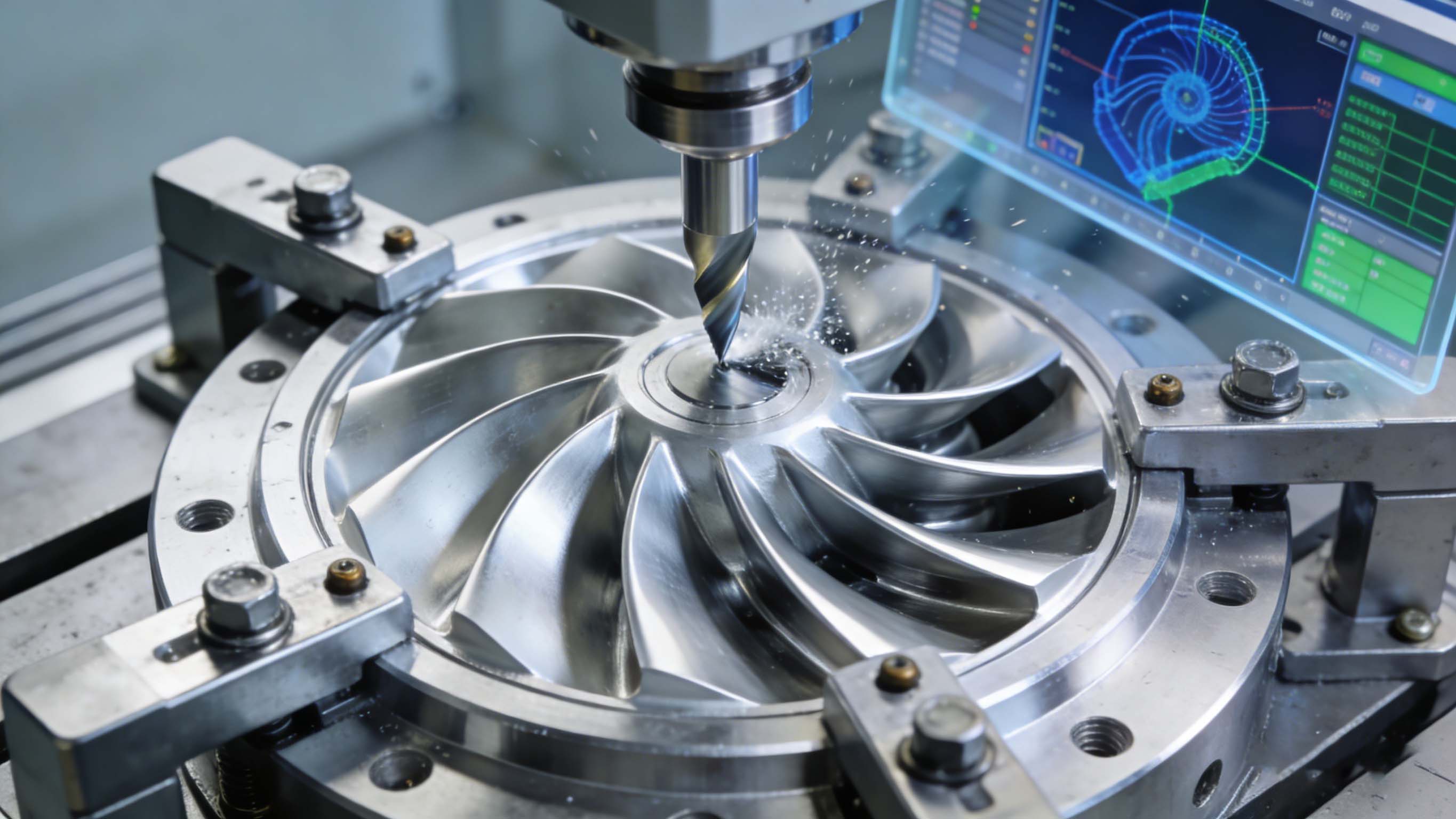 五轴CNC加工中心正在铣削复杂的铝合金闭式叶轮