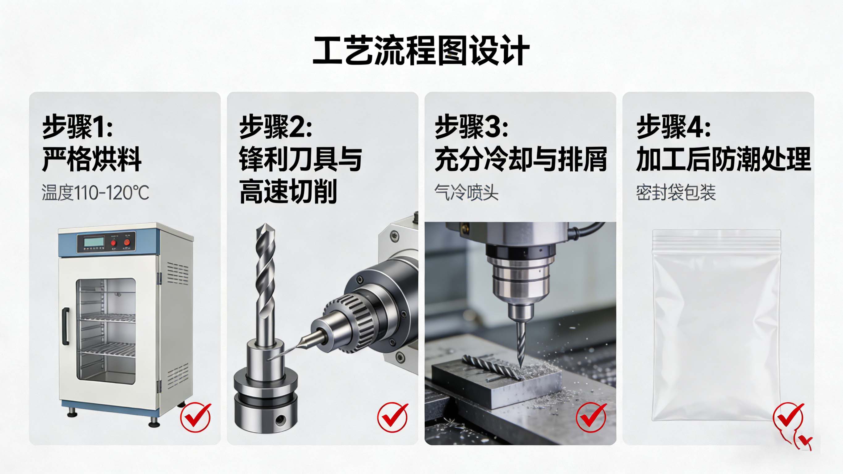 PBT手板成功加工的四个关键步骤流程图：烘料、锋利刀具、冷却、防潮