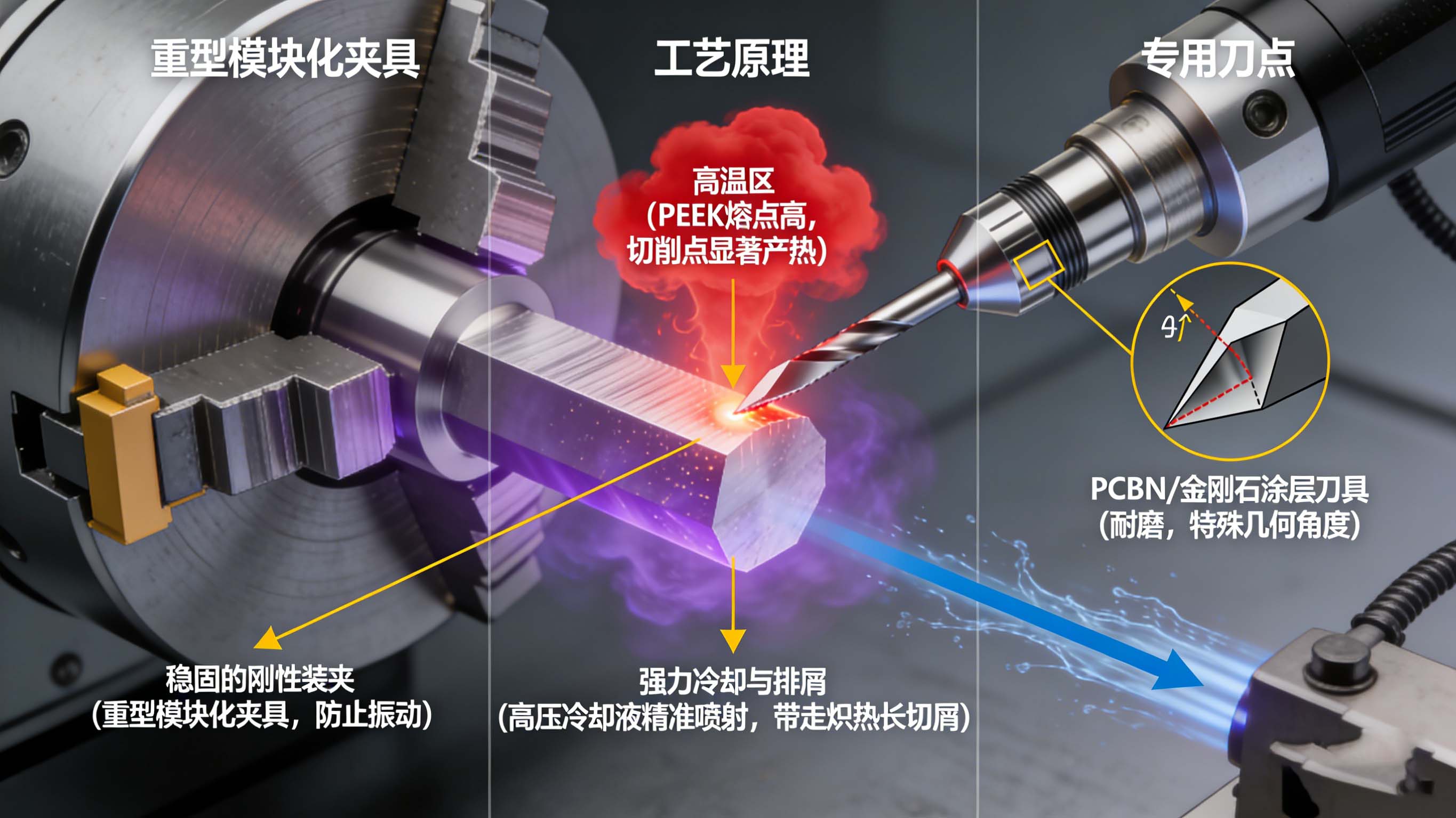PEEK加工时的高温、切屑控制挑战及专用刀具、强力冷却、刚性装夹解决方案原理图