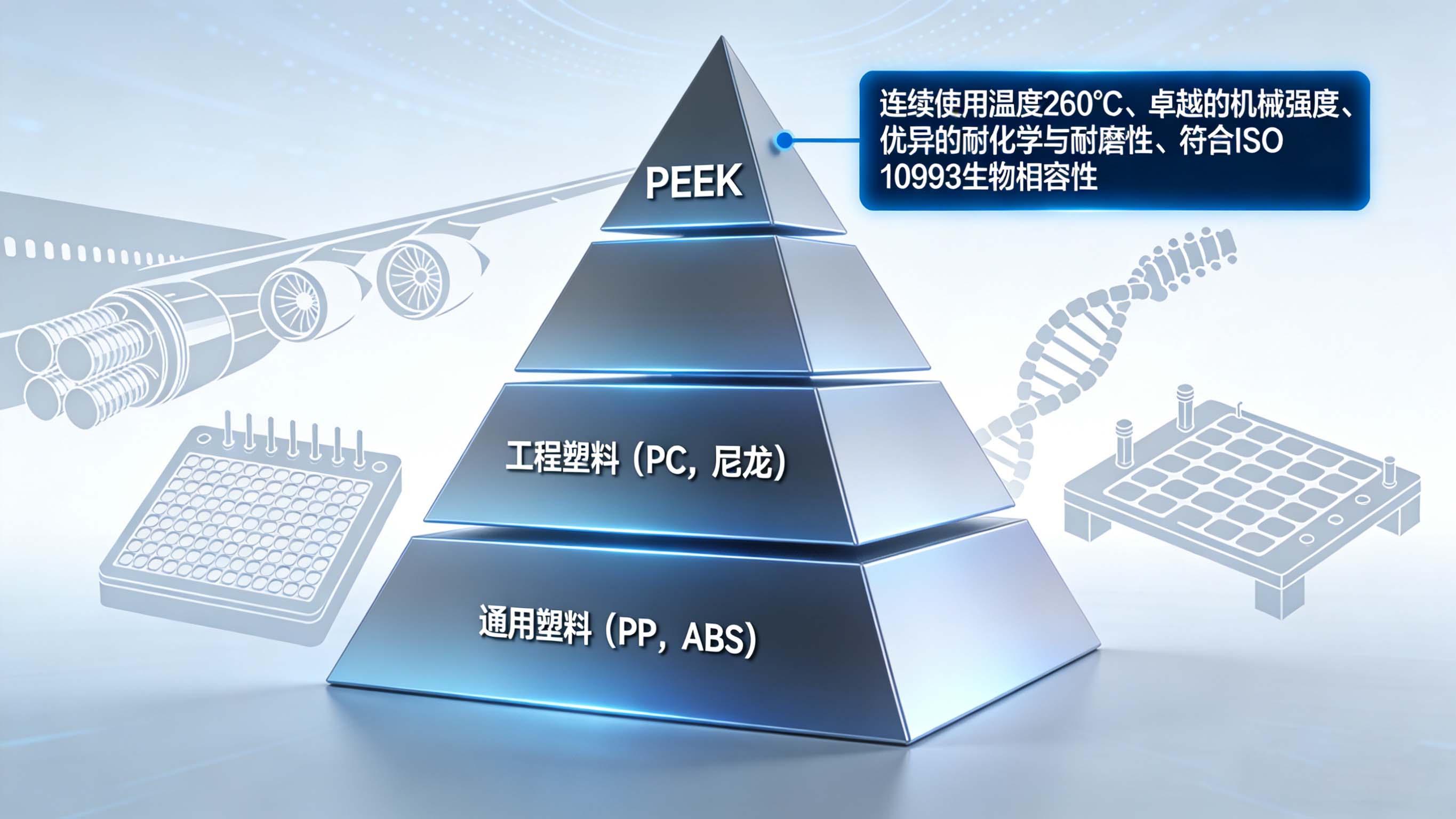 PEEK作为顶级工程塑料的性能金字塔及其在航空航天、医疗等高端领域的应用示意图