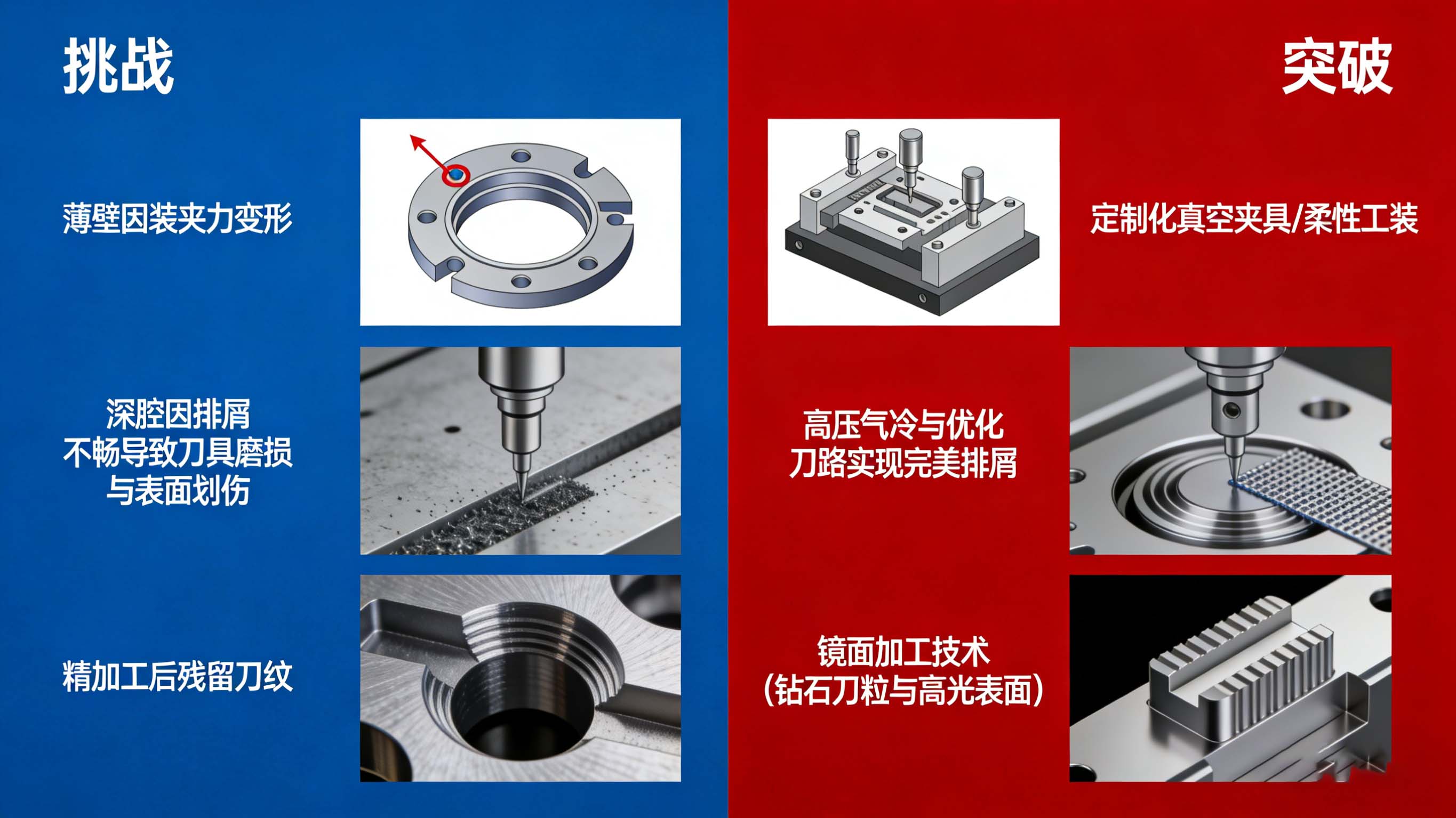 铝合金加工中变形、排屑、表面质量挑战与先进夹具、冷却、镜面加工解决方案对比图