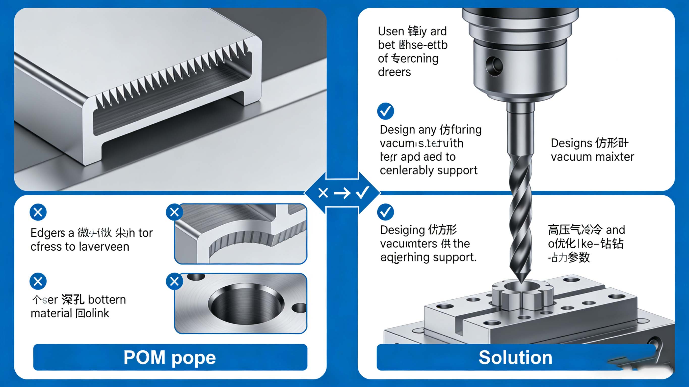 POM手板加工中毛边、变形问题与专用刀具、夹具、冷却方案对比示意图