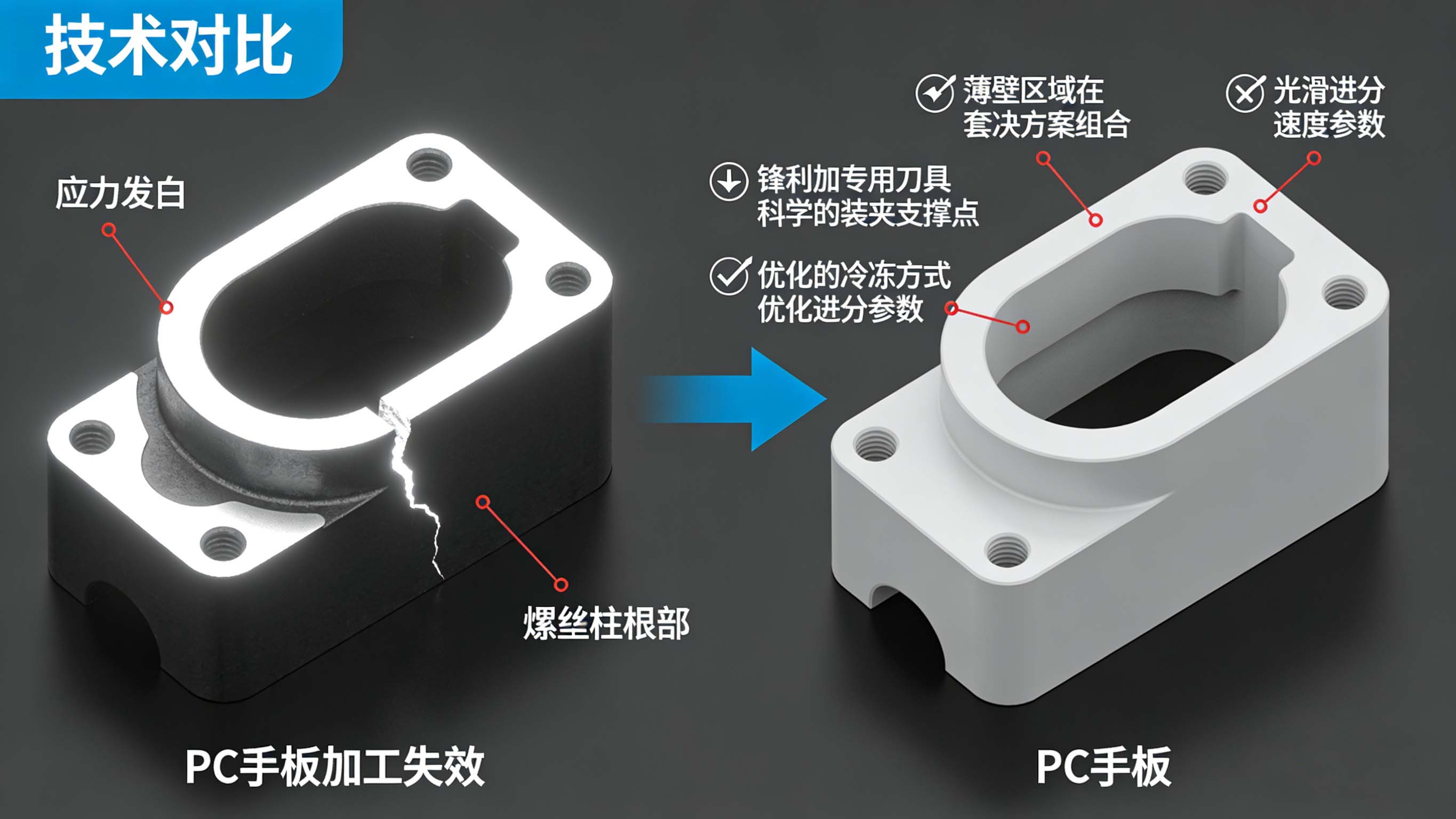PC手板加工常见问题（应力发白、开裂）与系统性解决方案示意图