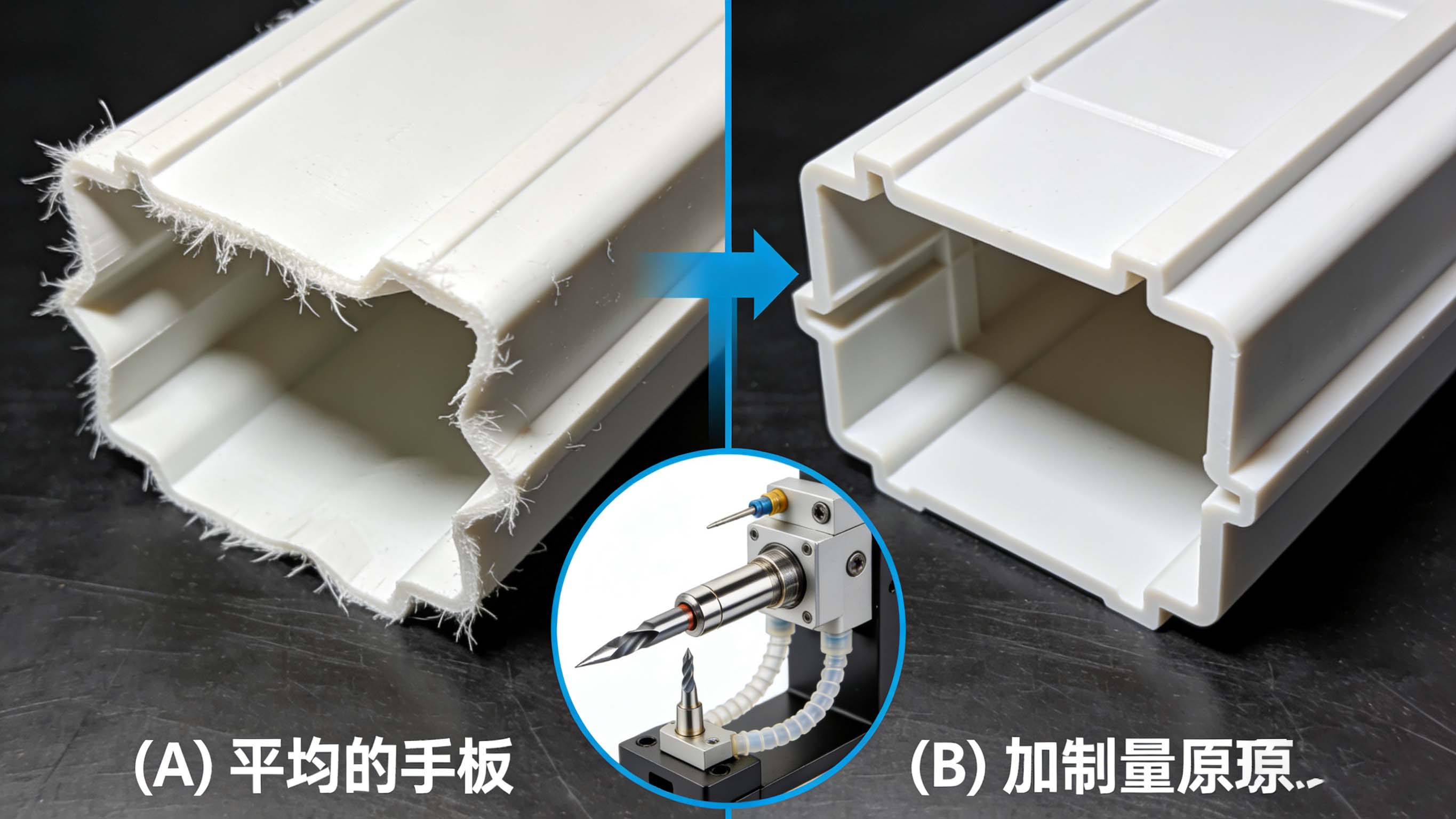 PP手板加工毛边、变形问题与通过锋利刀具、气冷、夹具解决的示意图