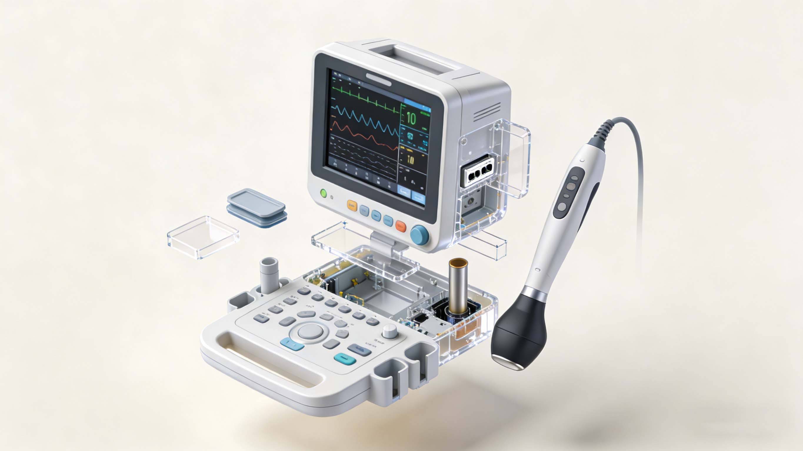 医疗设备外壳组件爆炸示意图，展示壳体、面板、按键等