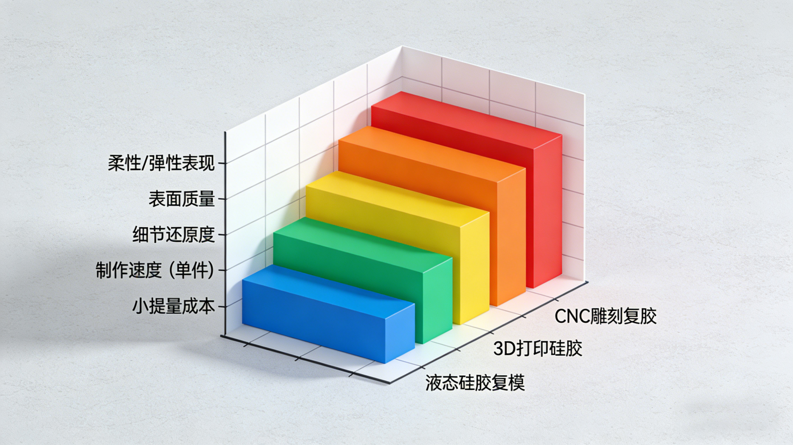 液态硅胶复模、3D打印硅胶、CNC雕刻硅胶三种工艺能力雷达对比图