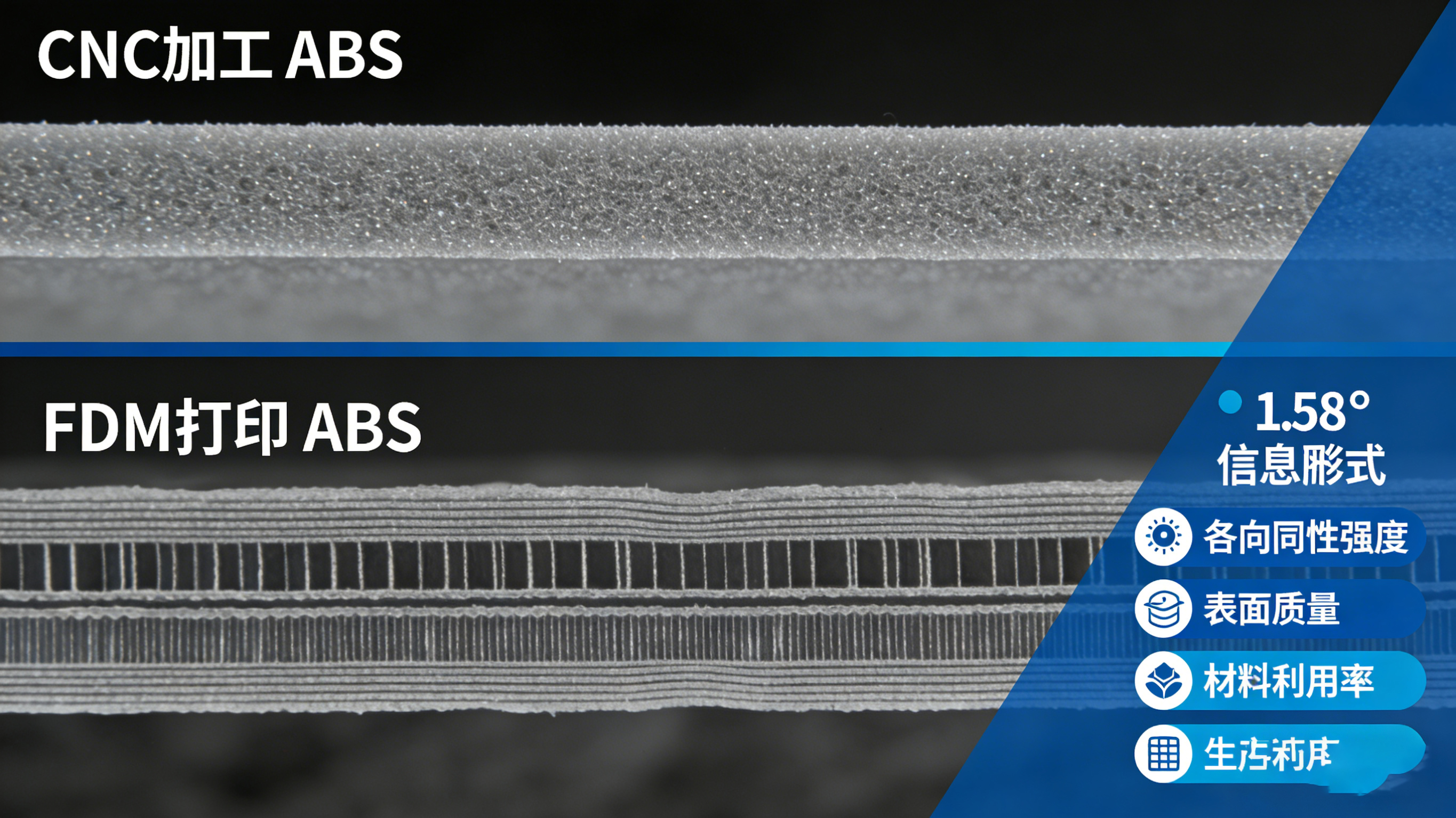 CNC加工与FDM打印ABS的微观结构及性能对比信息图