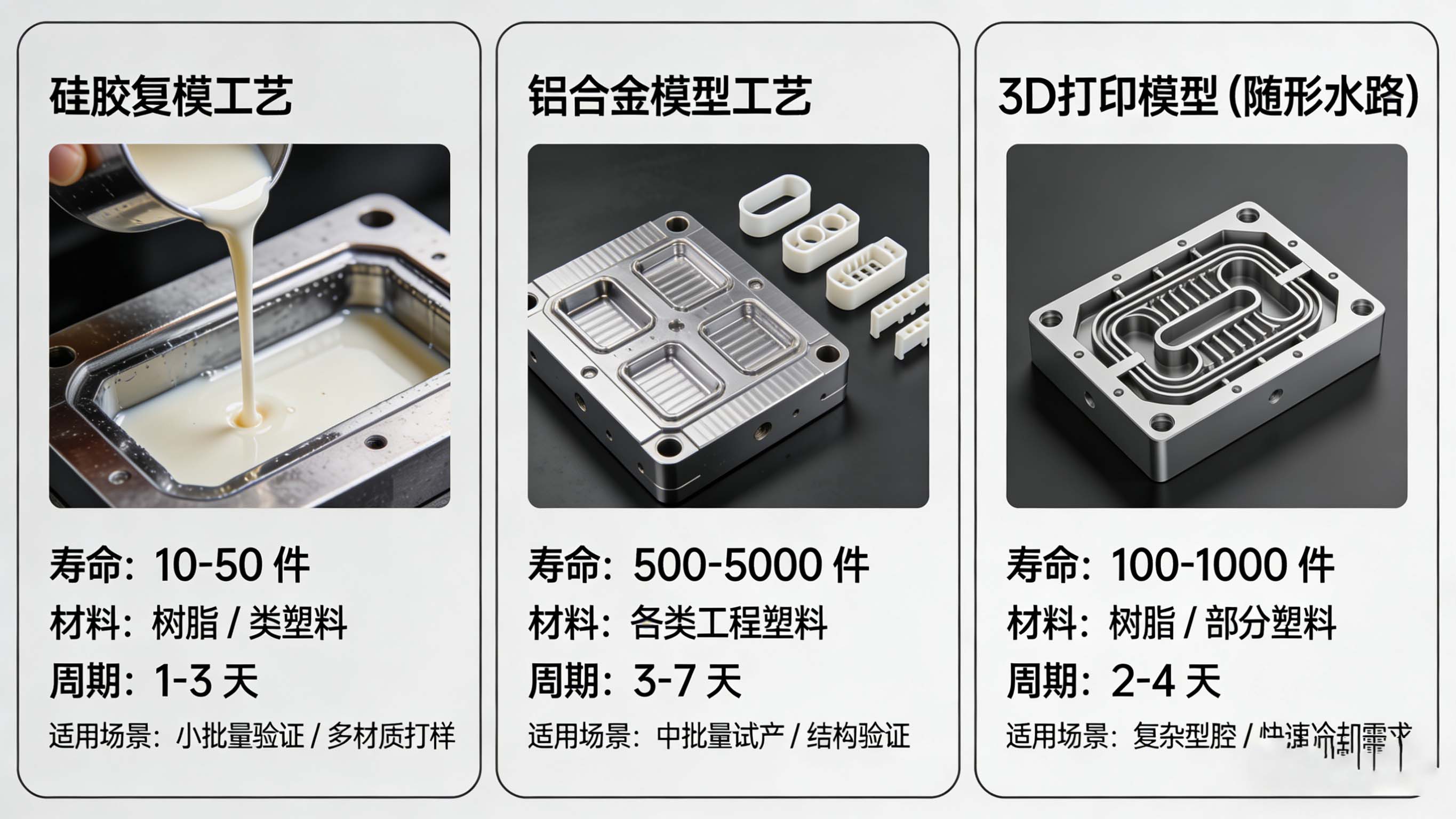 硅胶复模、铝合金模具、3D打印模具三大快速工艺对比信息图