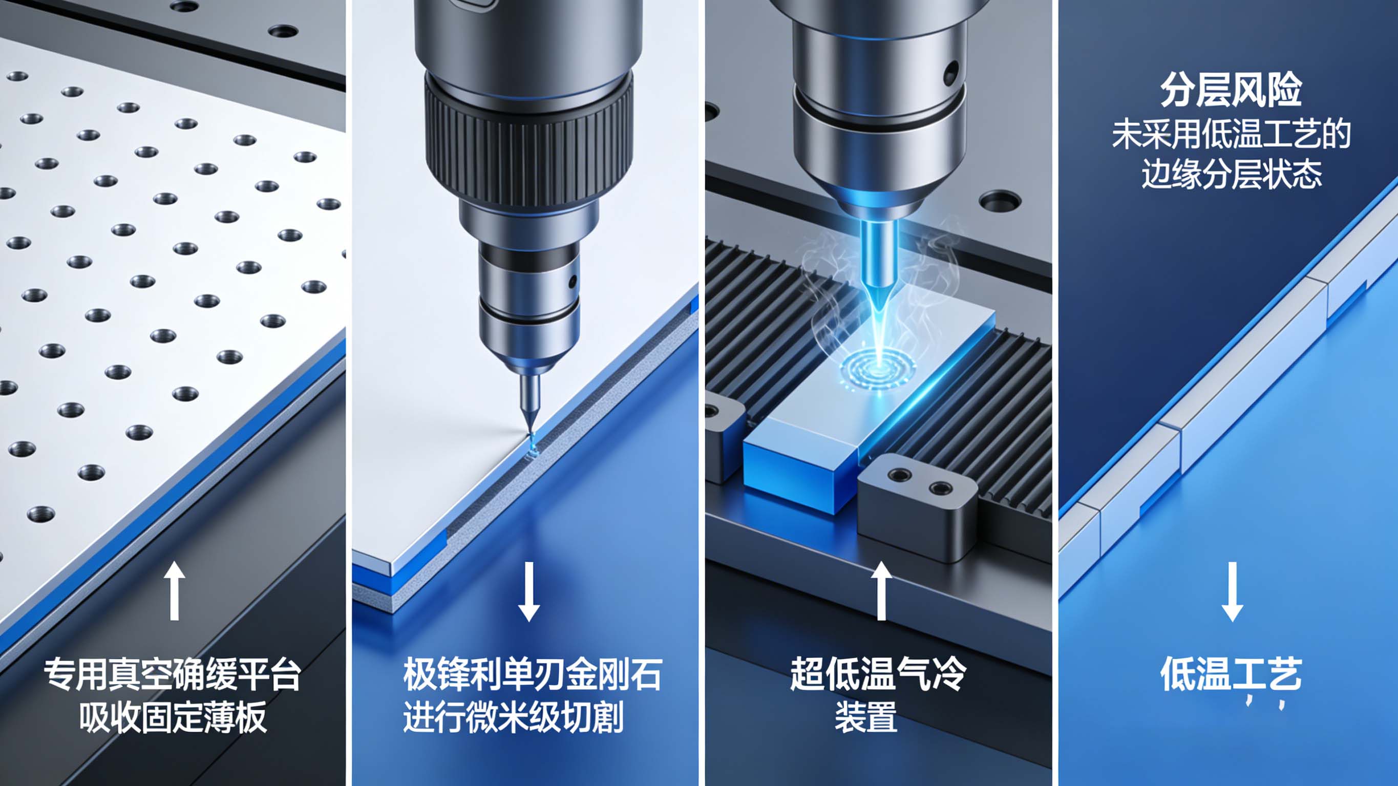 PETF材料CNC加工中防止分层、毛边的专用夹具、刀具与冷却工艺分解图