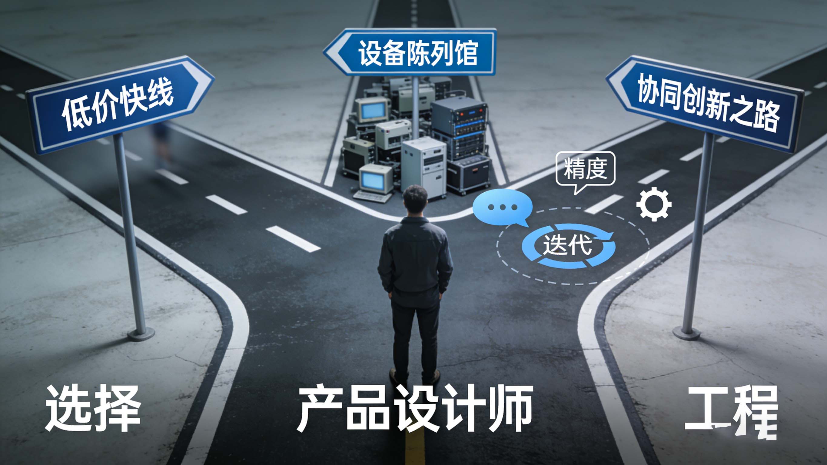 象征选择手板厂不同路径的插图：低价快线、设备陈列馆与协同创新之路