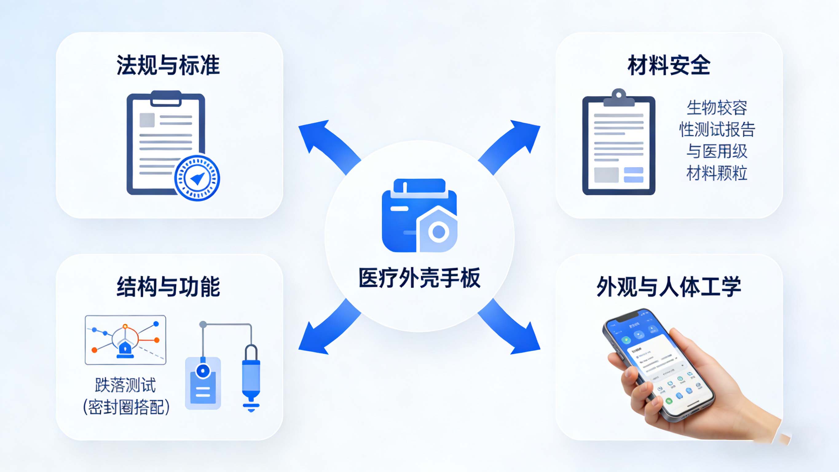 医疗外壳手板制作的四大关键要素信息图：法规、材料、结构、外观