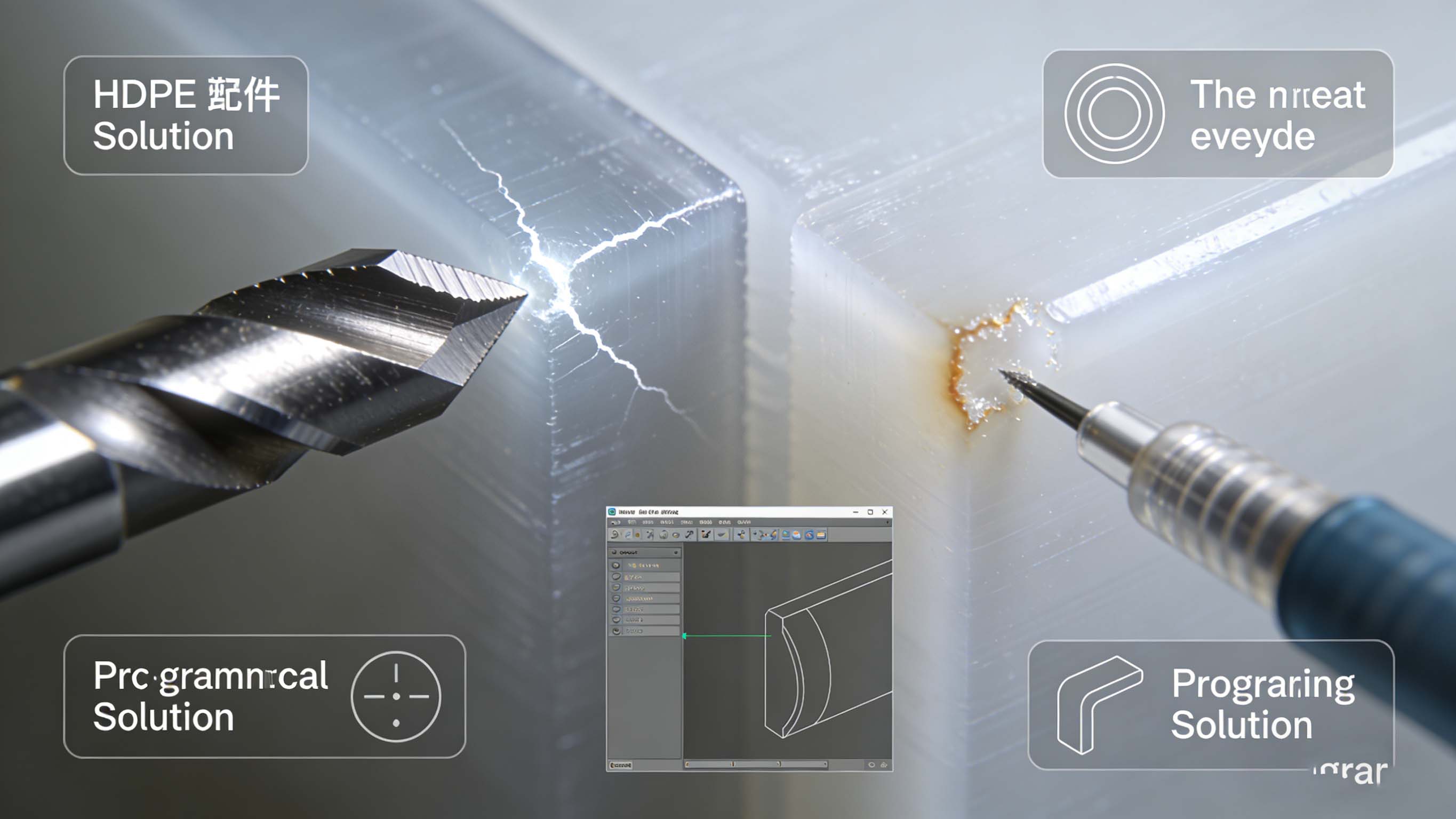 HDPE加工中应力发白、熔融毛边的微观示意图及锋利刀具、气冷、圆角设计等解决方案