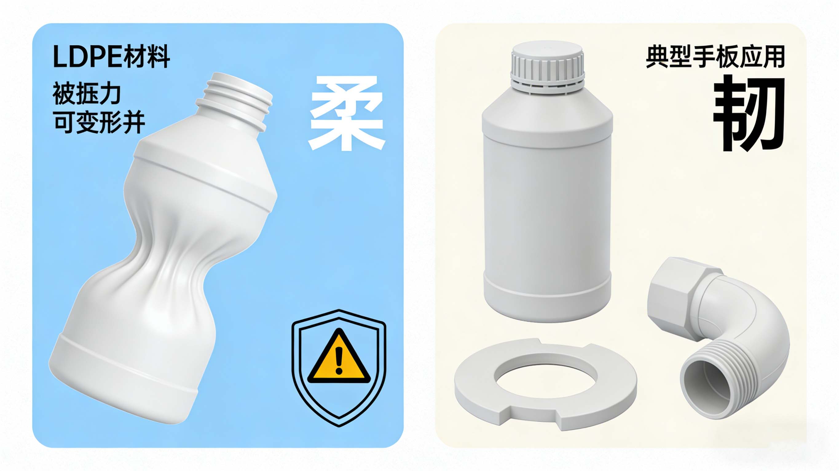 LDPE材料柔韧性、耐化学性及典型手板应用示意图