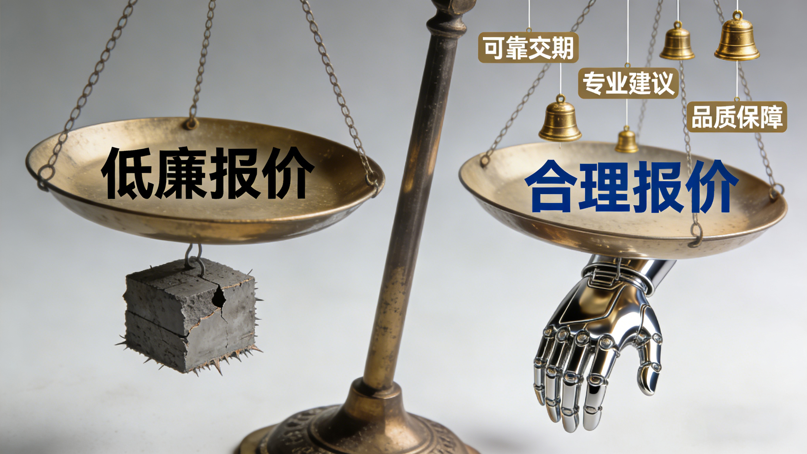 低廉报价与合理报价背后价值权衡的天平示意图