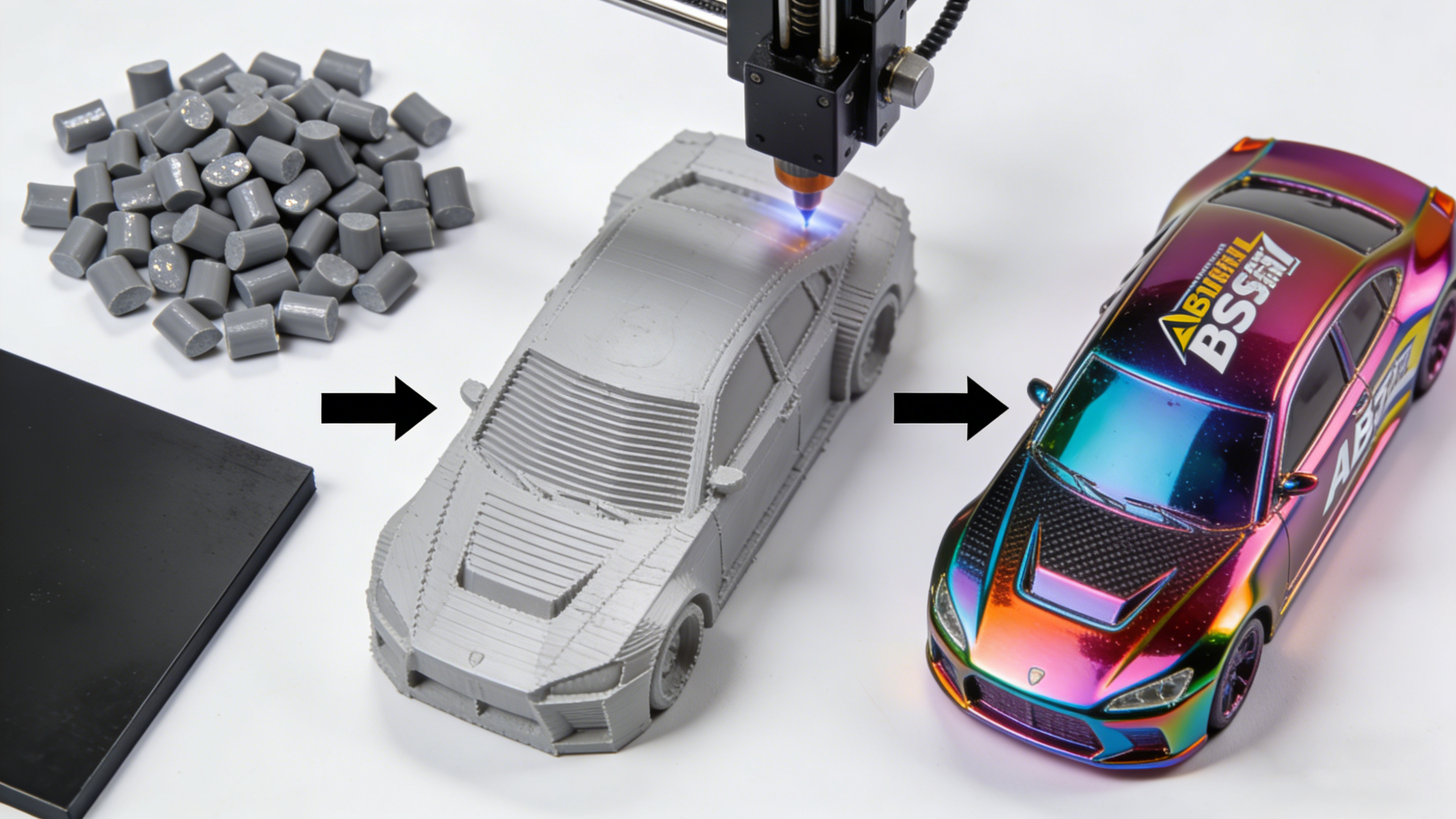 ABS材料颗粒、板材、打印过程及成品手板对比图