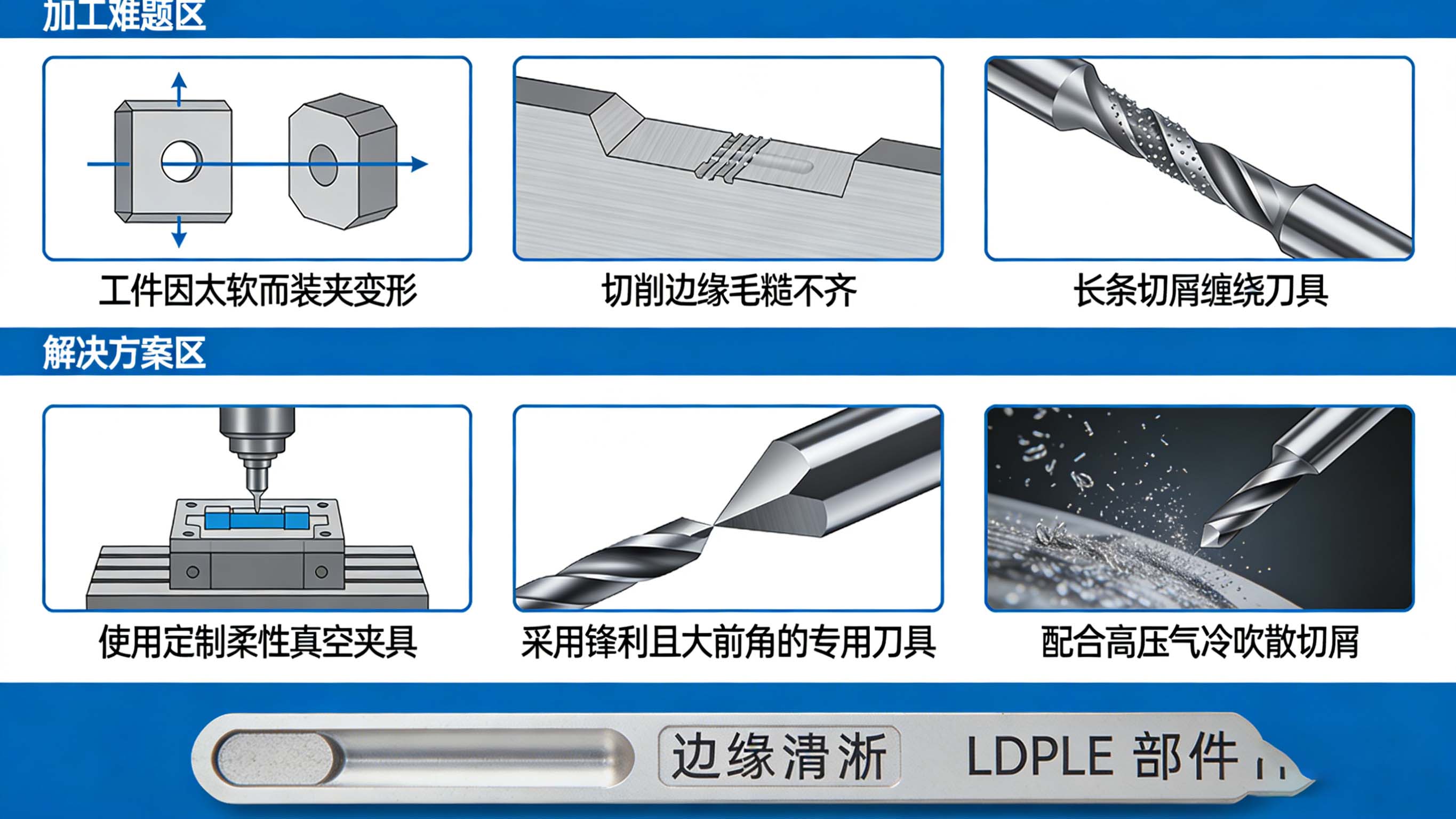 LDPE手板加工变形、毛边问题与专用夹具、刀具、冷却解决方案对比图