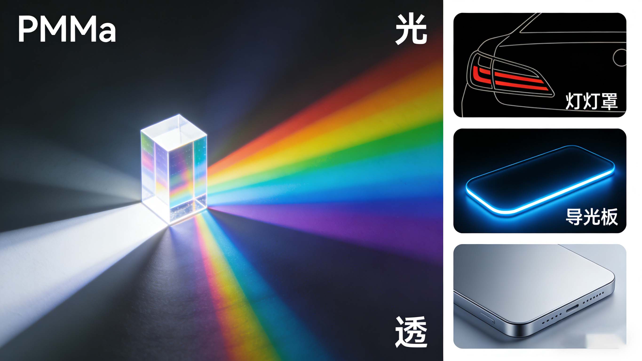 PMMA高透光、低散射特性及其在光学元件中的应用示意图