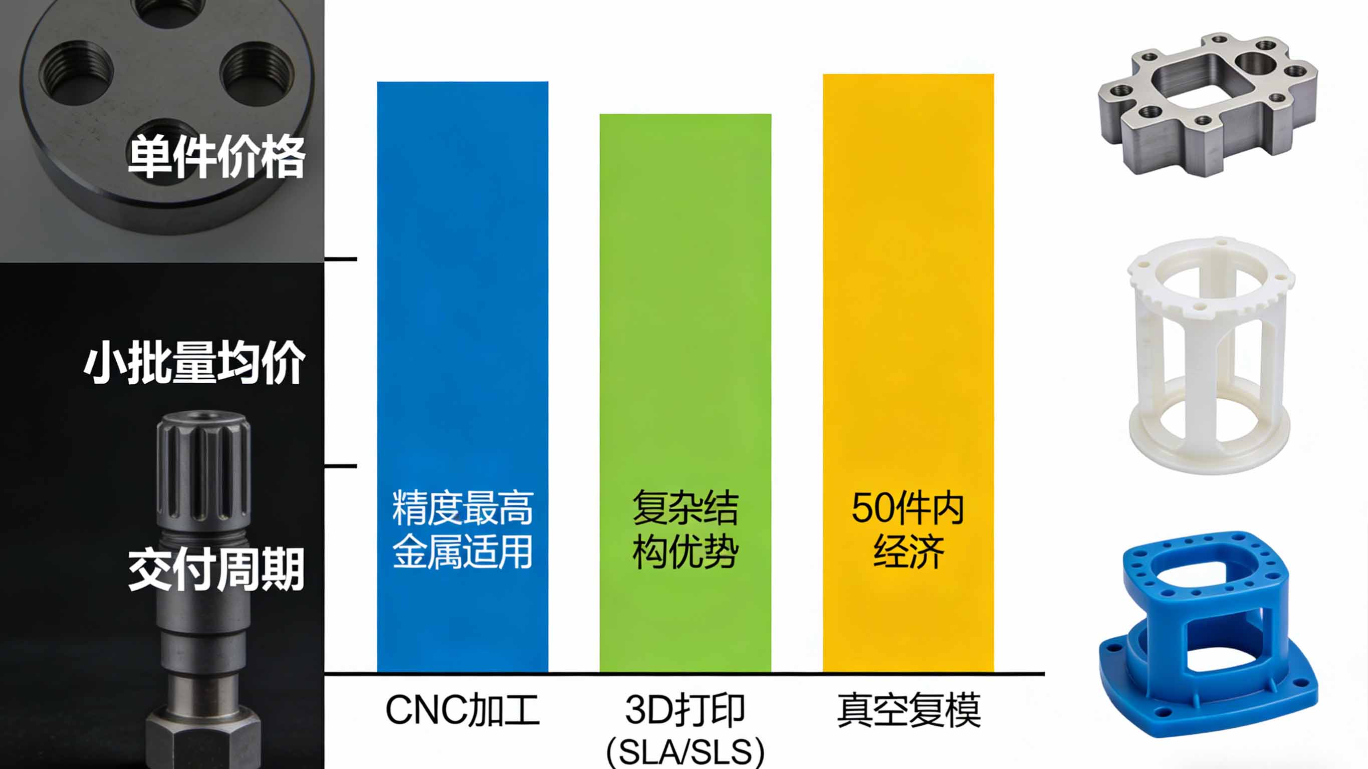 CNC、3D打印、真空复模三种工艺在单件价格、小批量均价、交付周期上的对比柱状图