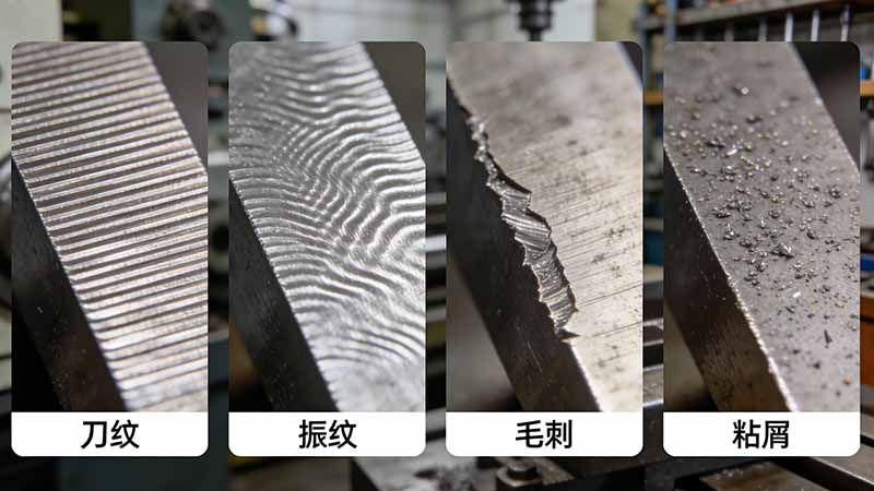 四種典型表面粗糙問題：刀紋、振紋、毛刺、粘屑的微距對比圖