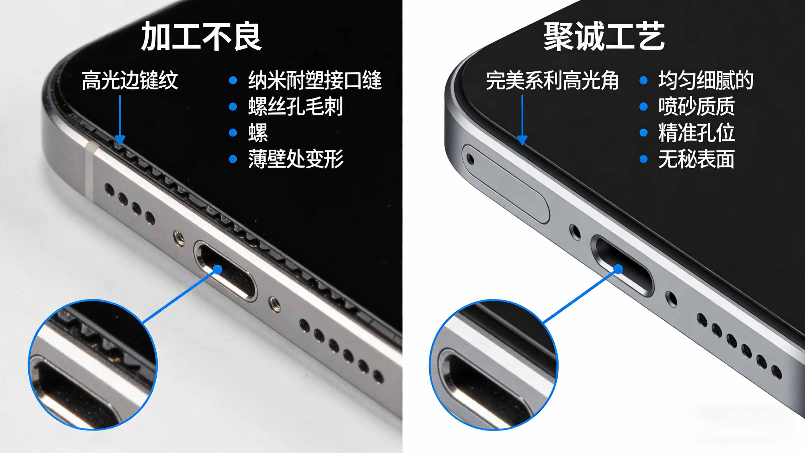 智能手机中框加工微距对比图，展示优劣工艺在高光边、喷砂质感、孔位精度上的差异