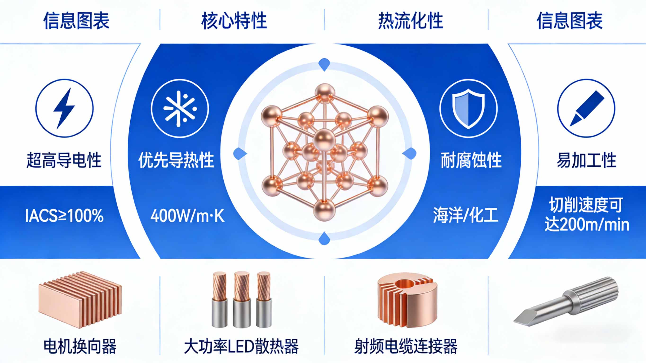 铜材料超高导电导热、耐腐蚀、易加工性能及其在电气、电子、热管理领域的应用示意图