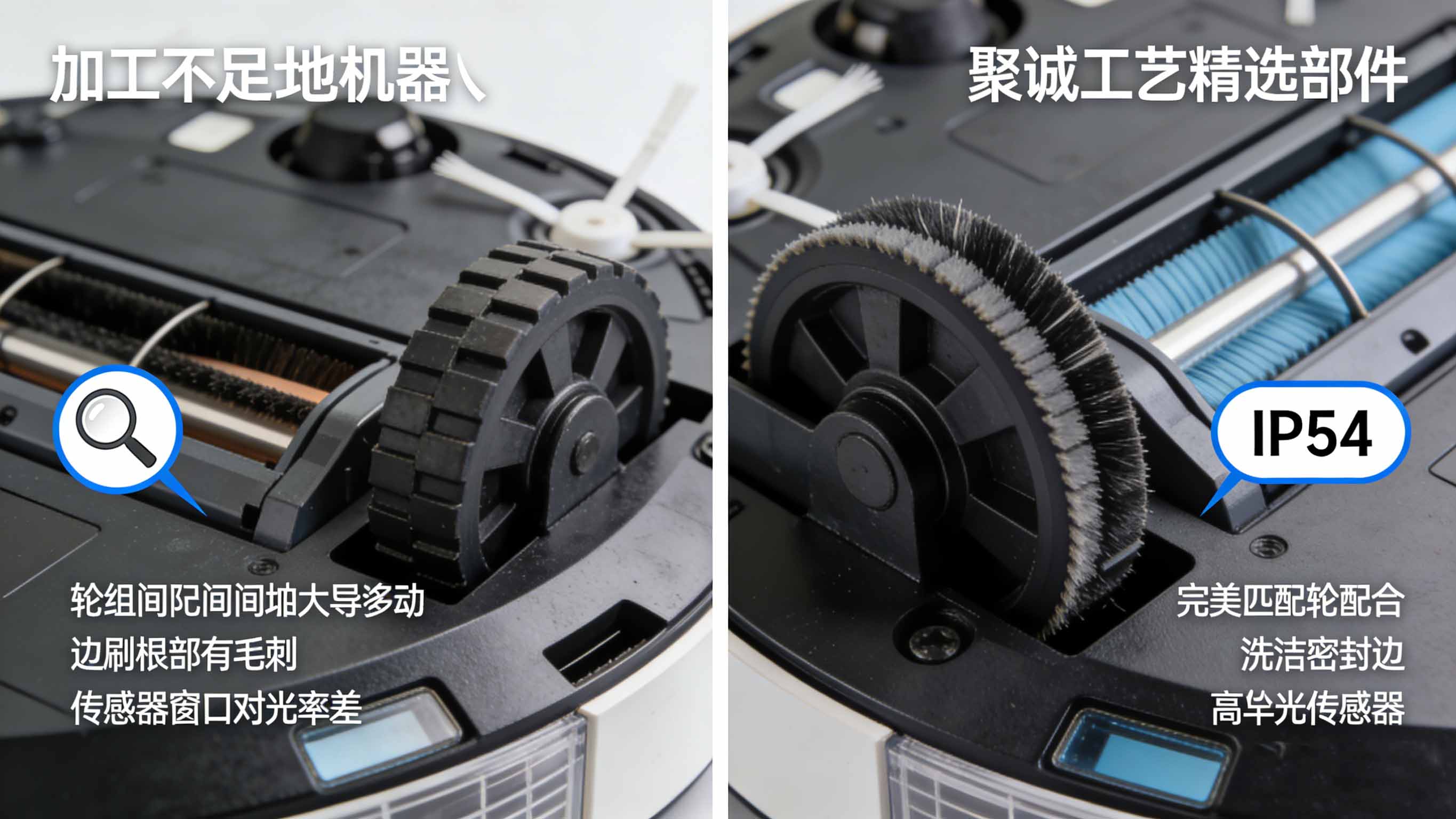 扫地机器人部件加工微距对比图，展示优劣工艺在轮组配合、密封槽、传感器窗口上的差异