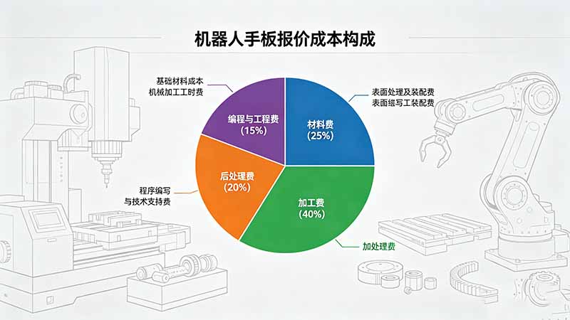机器人手板报价成本构成饼图：材料费25%、加工费40%、后处理20%、编程工程费15%