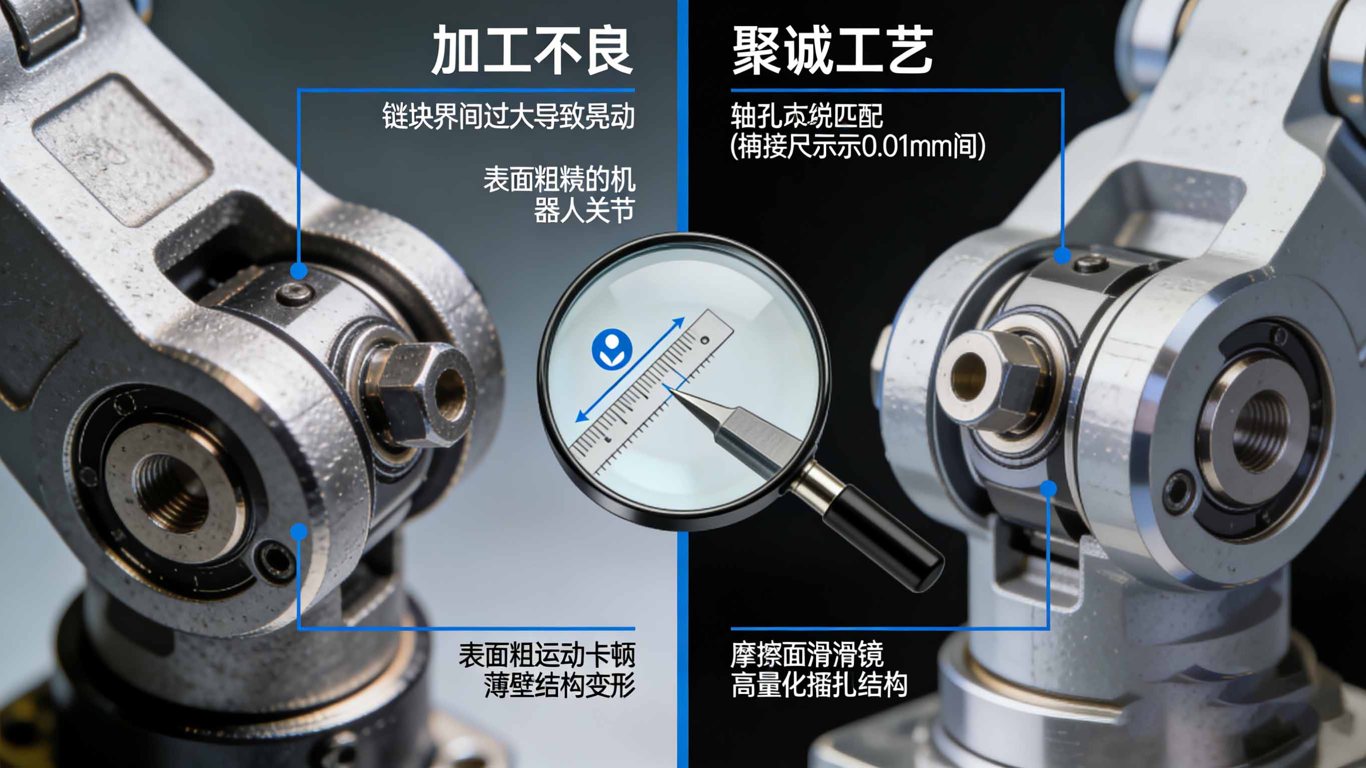 人形机器人关节加工微距对比图，展示优劣工艺在配合间隙、表面光洁度、轻量化结构上的差异