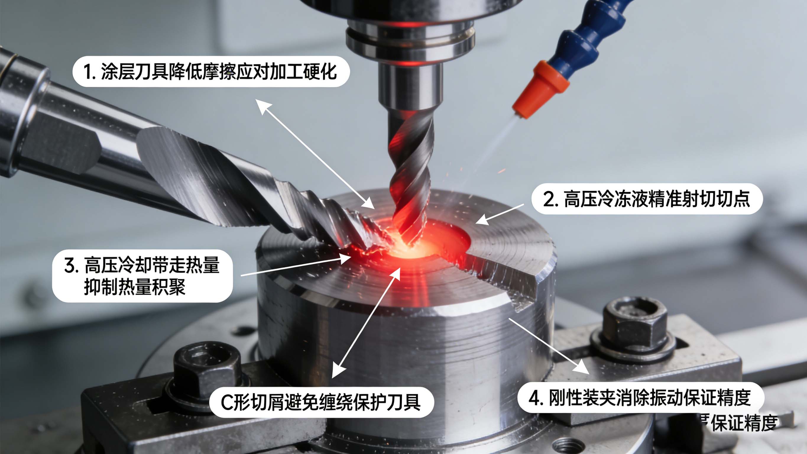 不锈钢加工中加工硬化、热量积聚挑战与专用刀具、高压冷却、断屑管理解决方案原理图