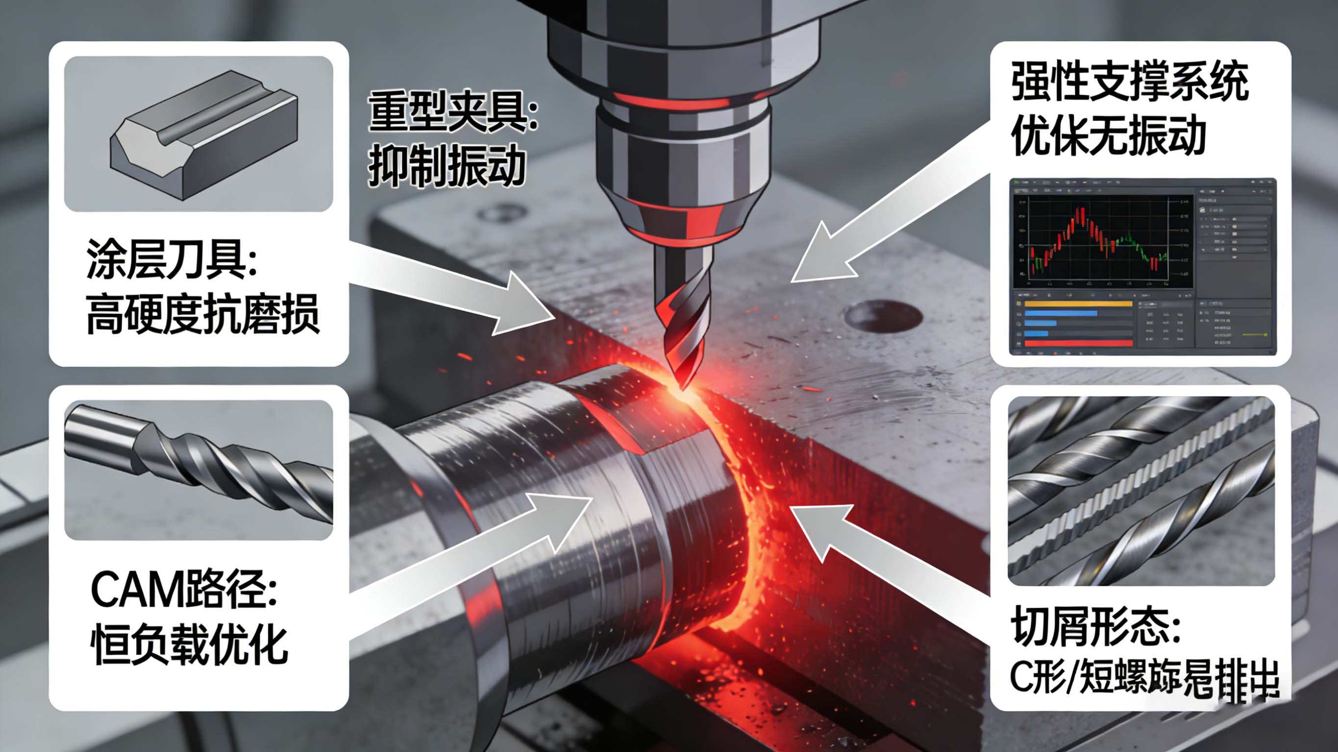 合金钢加工中加工硬化、高温磨损、刀具寿命挑战与高性能刀具、刚性系统、参数优化解决方案原理图
