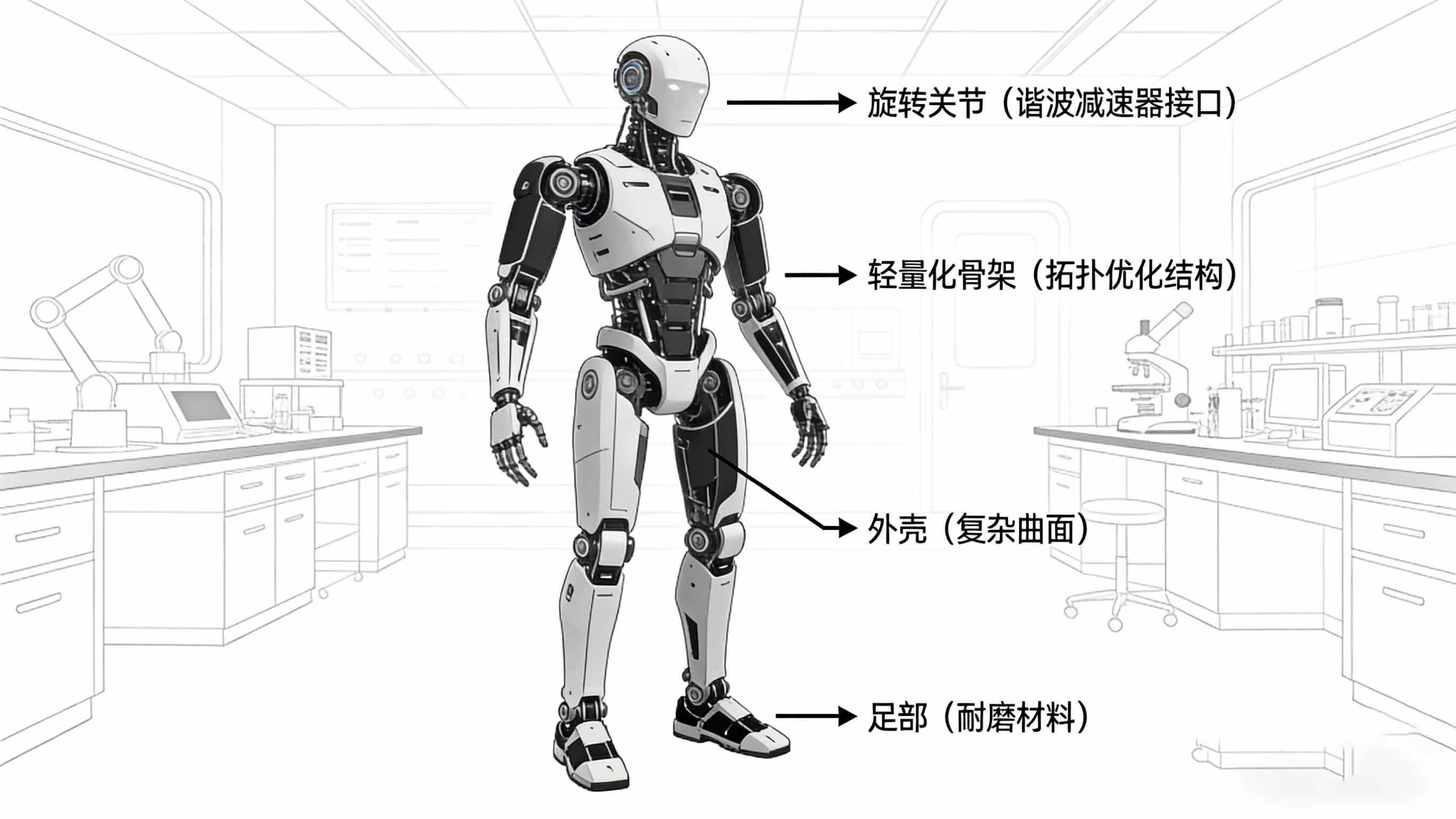 人形机器人爆炸分解图，展示头部、躯干、手臂、腿部、手部关节等部件及其工艺要求