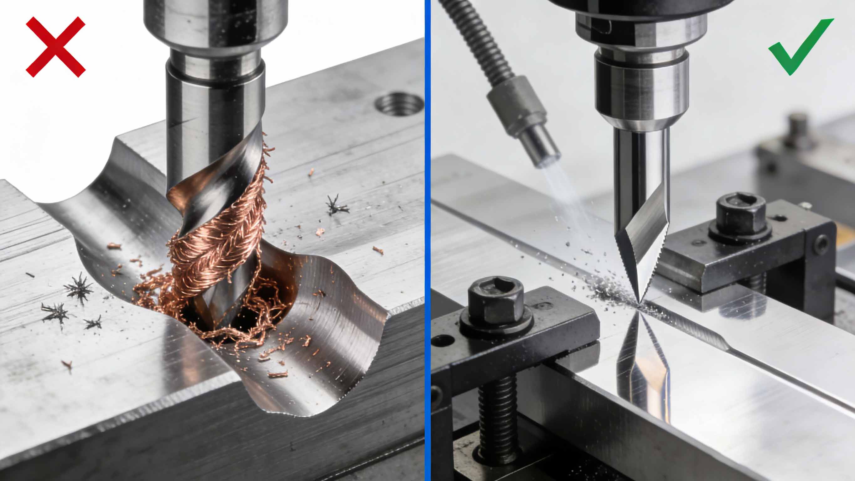 铜加工中粘刀、毛边、变形问题与锋利刀具、气冷、真空夹具解决方案对比图