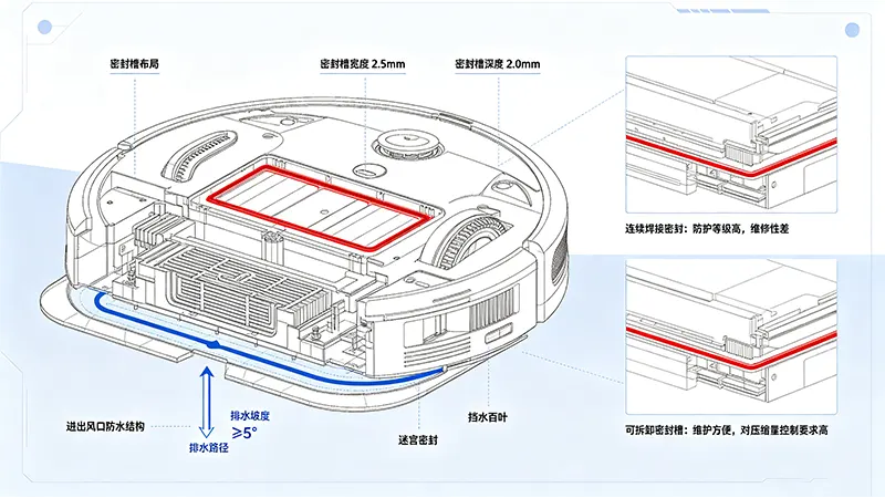 商用清洁机器人底盘密封槽布局与排水路径示意图