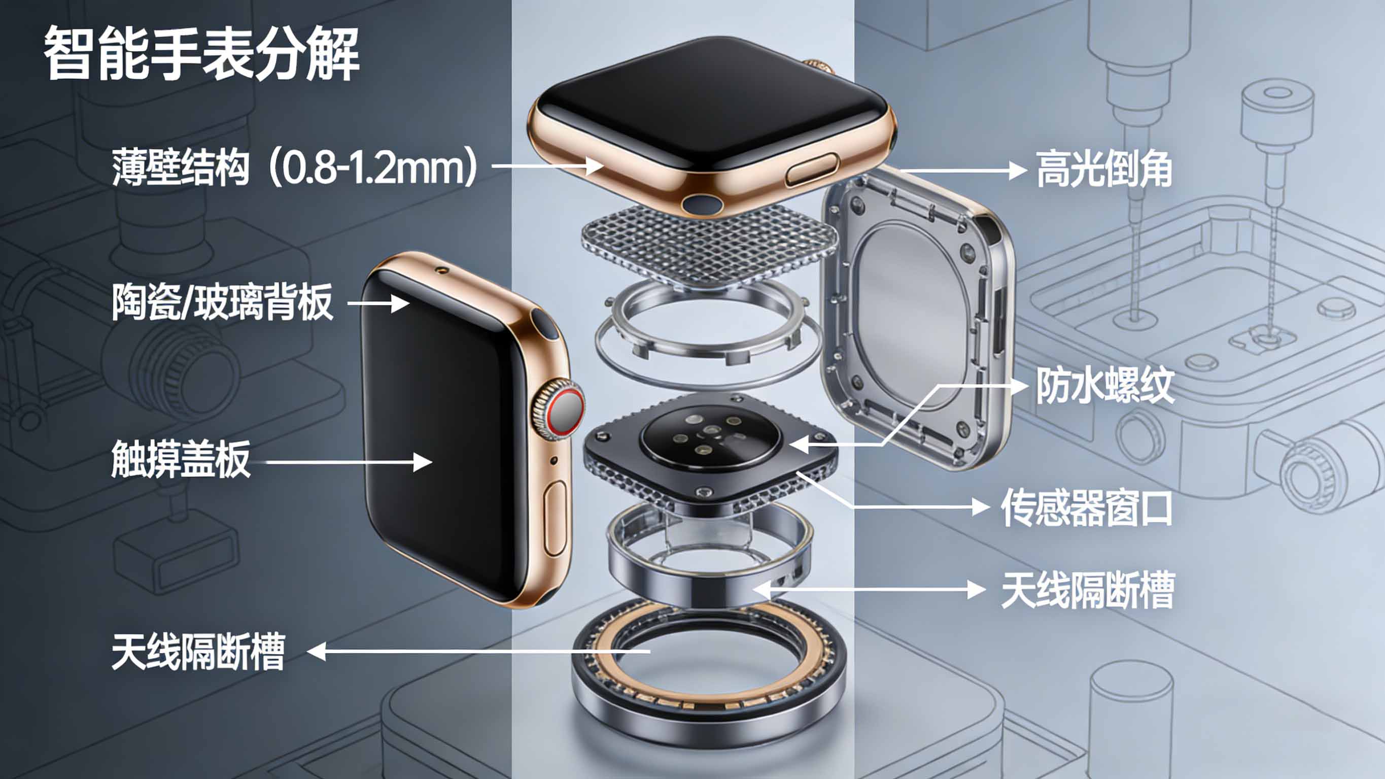 智能手表爆炸分解图，展示中框、背板、屏幕盖板、表冠、按键、底盖、传感器窗口、防水密封圈等部件