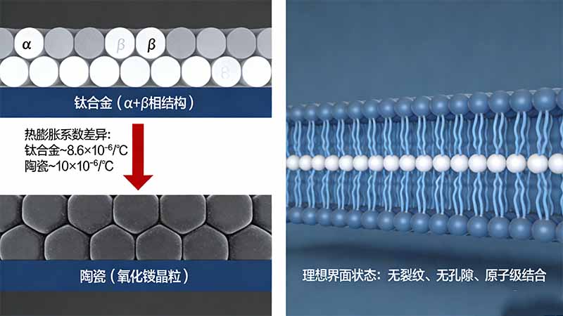 鈦合金-陶瓷連接中熱膨脹系數(shù)差異導(dǎo)致的殘余應(yīng)力分布示意圖，以及界面潤濕角對(duì)比