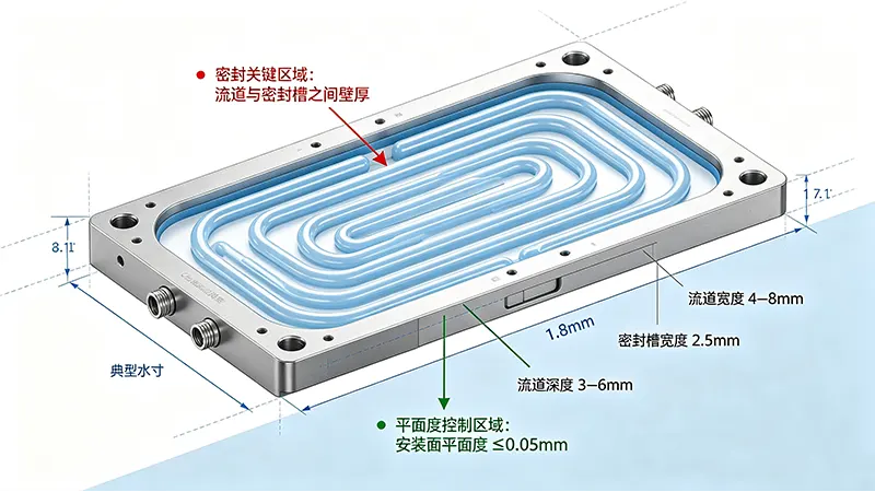 液冷板剖面结构：流道、密封槽、安装面标注