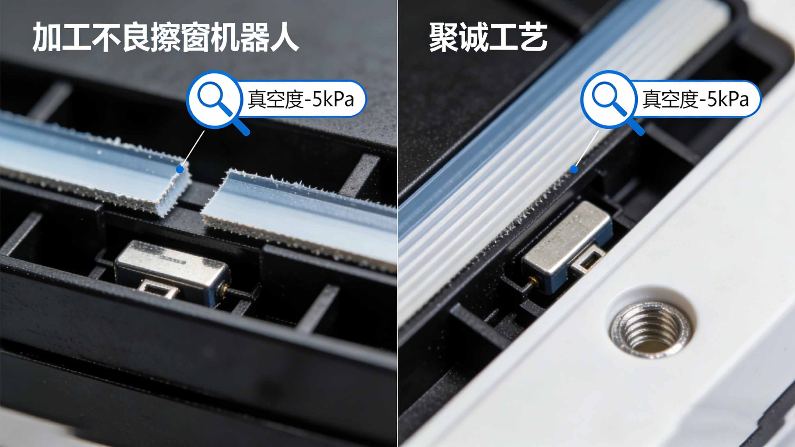 擦窗机器人部件加工微距对比图，展示优劣工艺在负压腔密封、刮条质量、传感器安装上的差异
