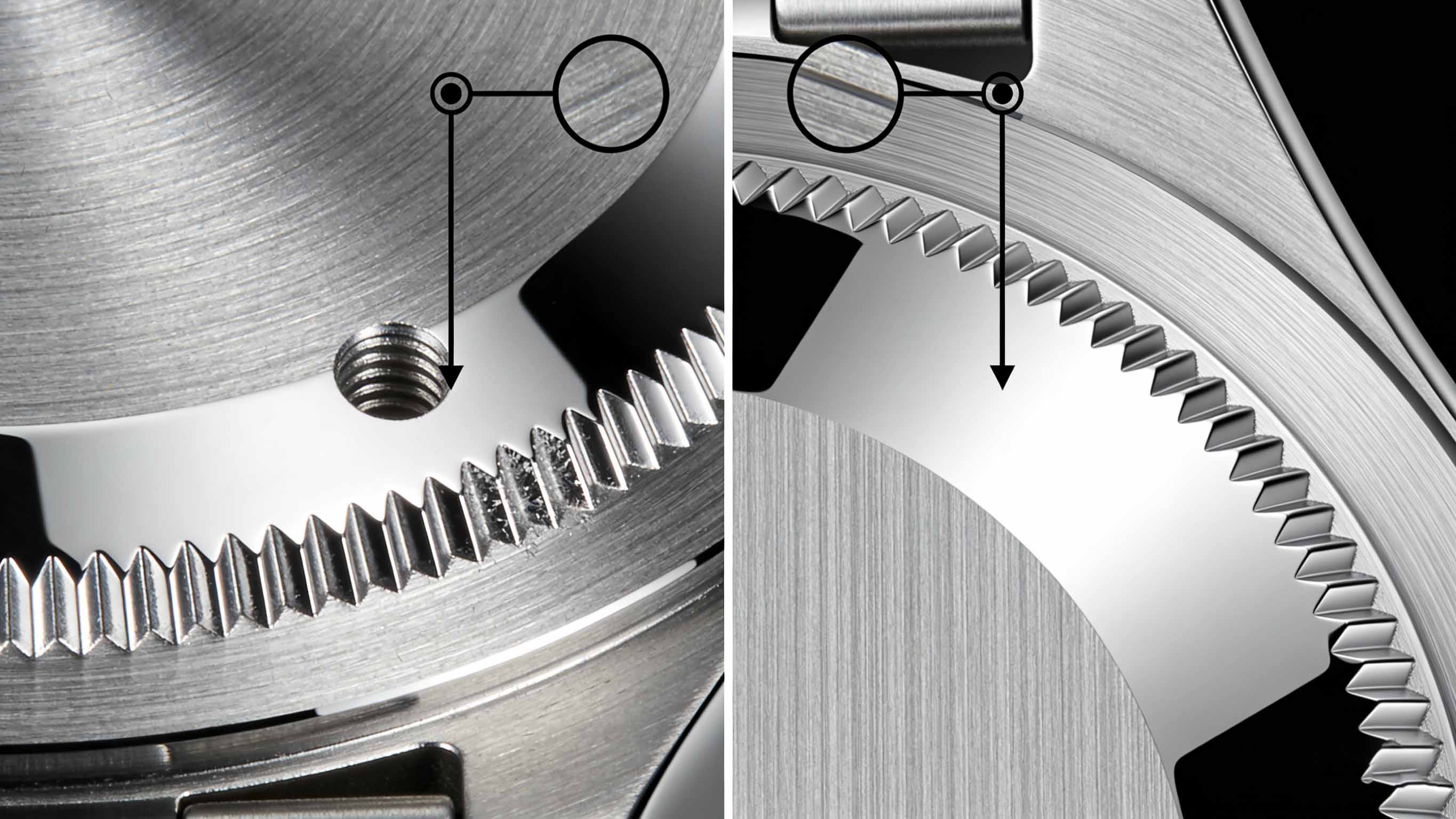 表壳加工微距对比图，展示优劣工艺在高光边、拉丝面、镜面效果上的差异