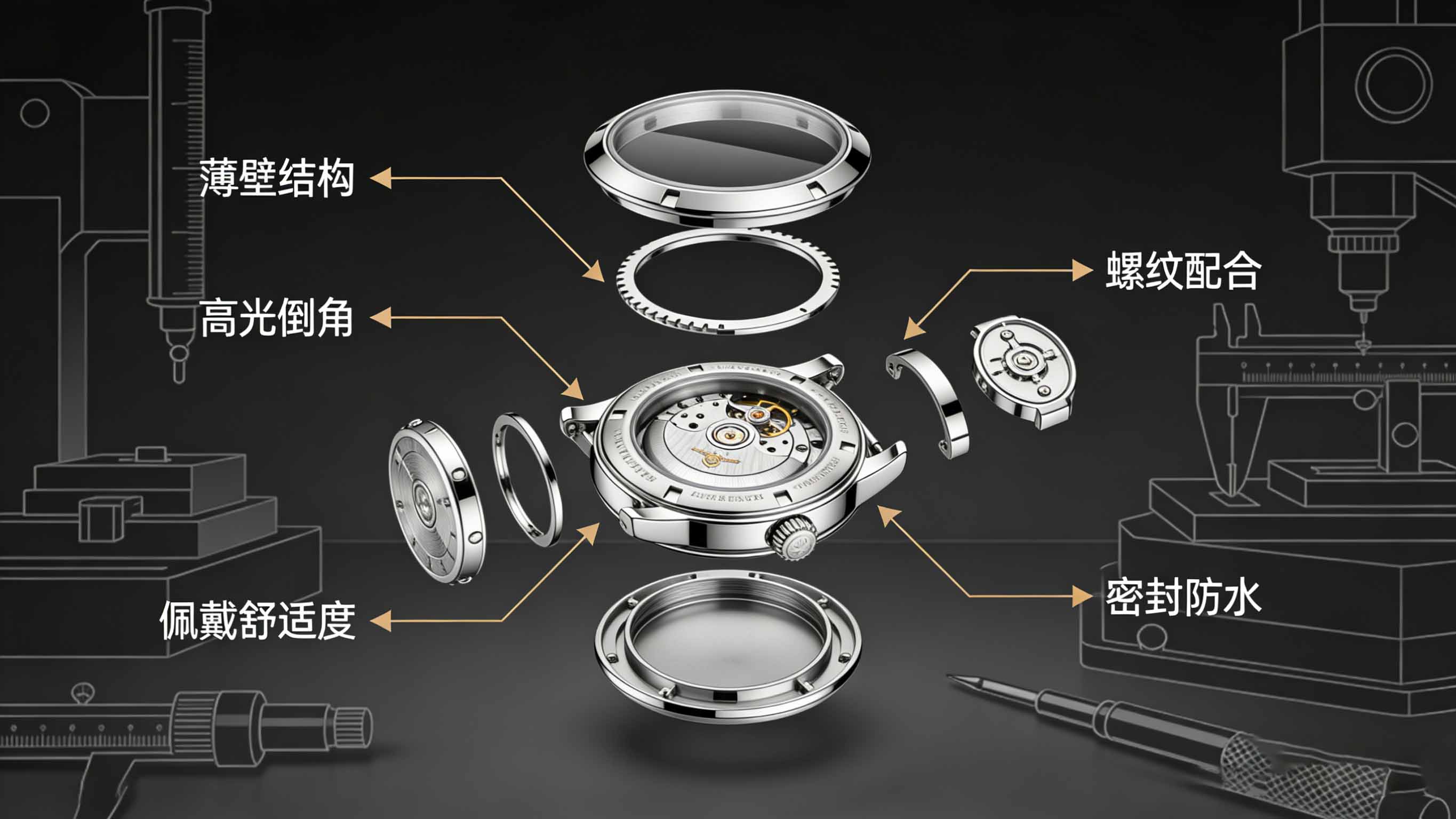 腕表表壳爆炸分解图，展示表壳主体、表圈、底盖、表耳、表冠等部件及其工艺要求