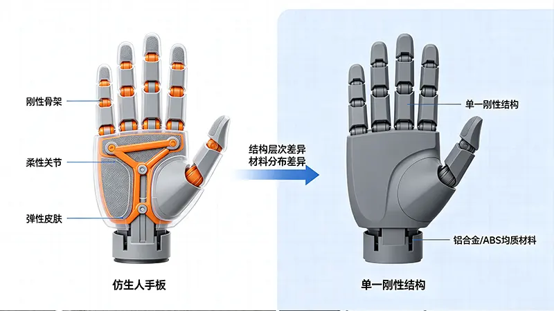 仿生人手板三层复合结构与机器人手板单一刚性结构对比