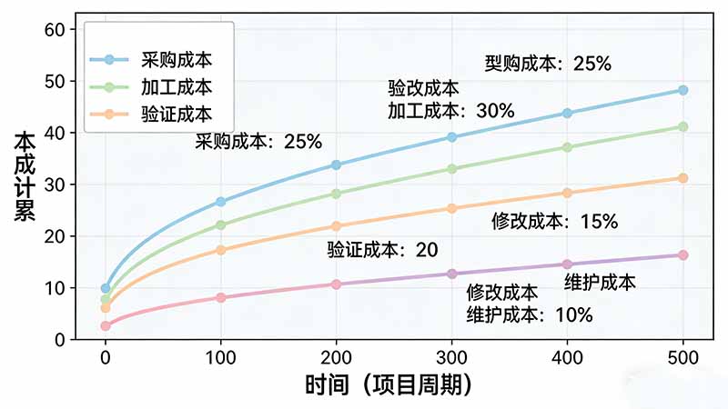 塑膠手板全生命周期成本五階段模型：采購、加工、驗(yàn)證、修改、維護(hù)成本曲線