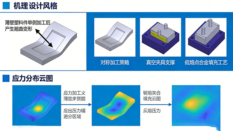 单侧加工应力释放导致翘曲，对策：对称加工、真空夹具、低熔点合金填充